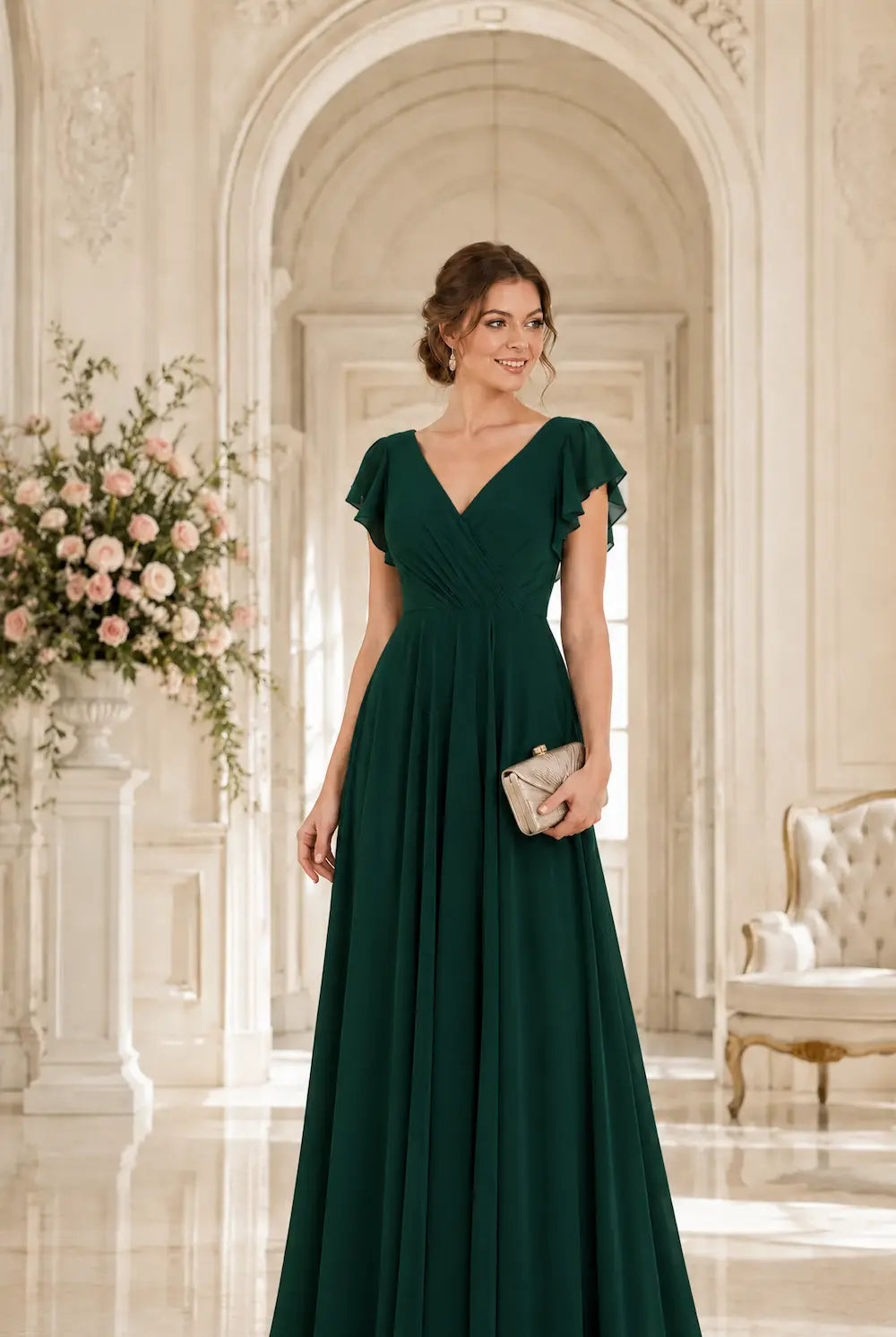 Dark green chiffon V-neck A-line modest prom dress with ruched waist and cap sleeves