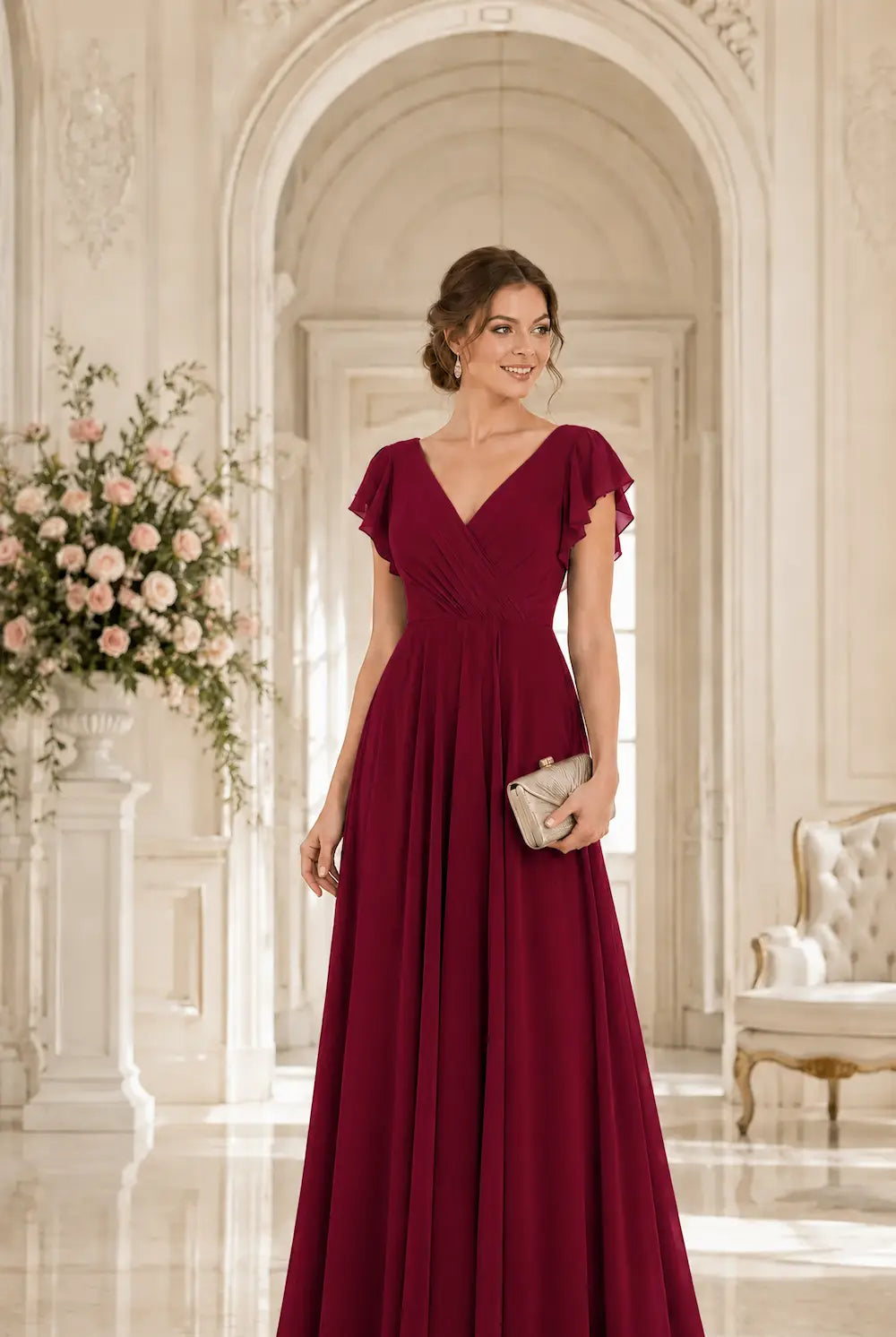 V-neck A-line prom dress in deep wine red with ruched bodice and short flutter sleeves