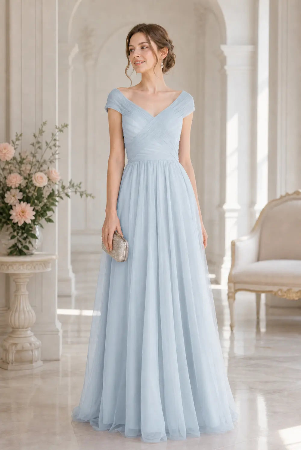 Light blue ruched tulle V-neck A-line prom dress with off-shoulder cap sleeves