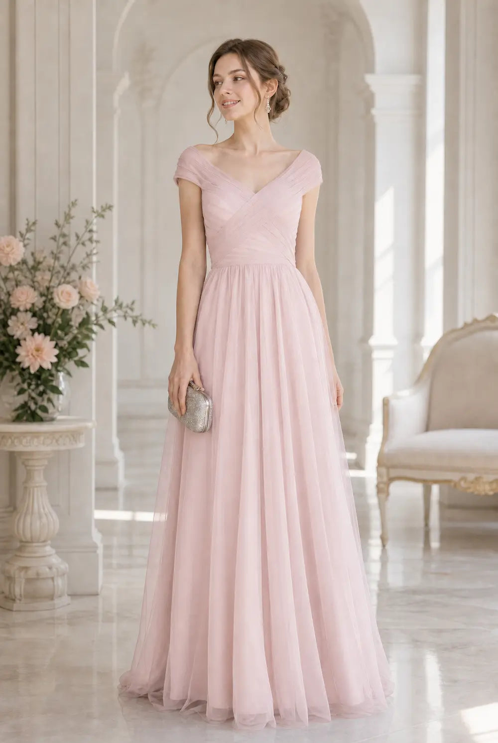 Blush pink ruched tulle V-neck A-line prom dress with off-shoulder cap sleeves