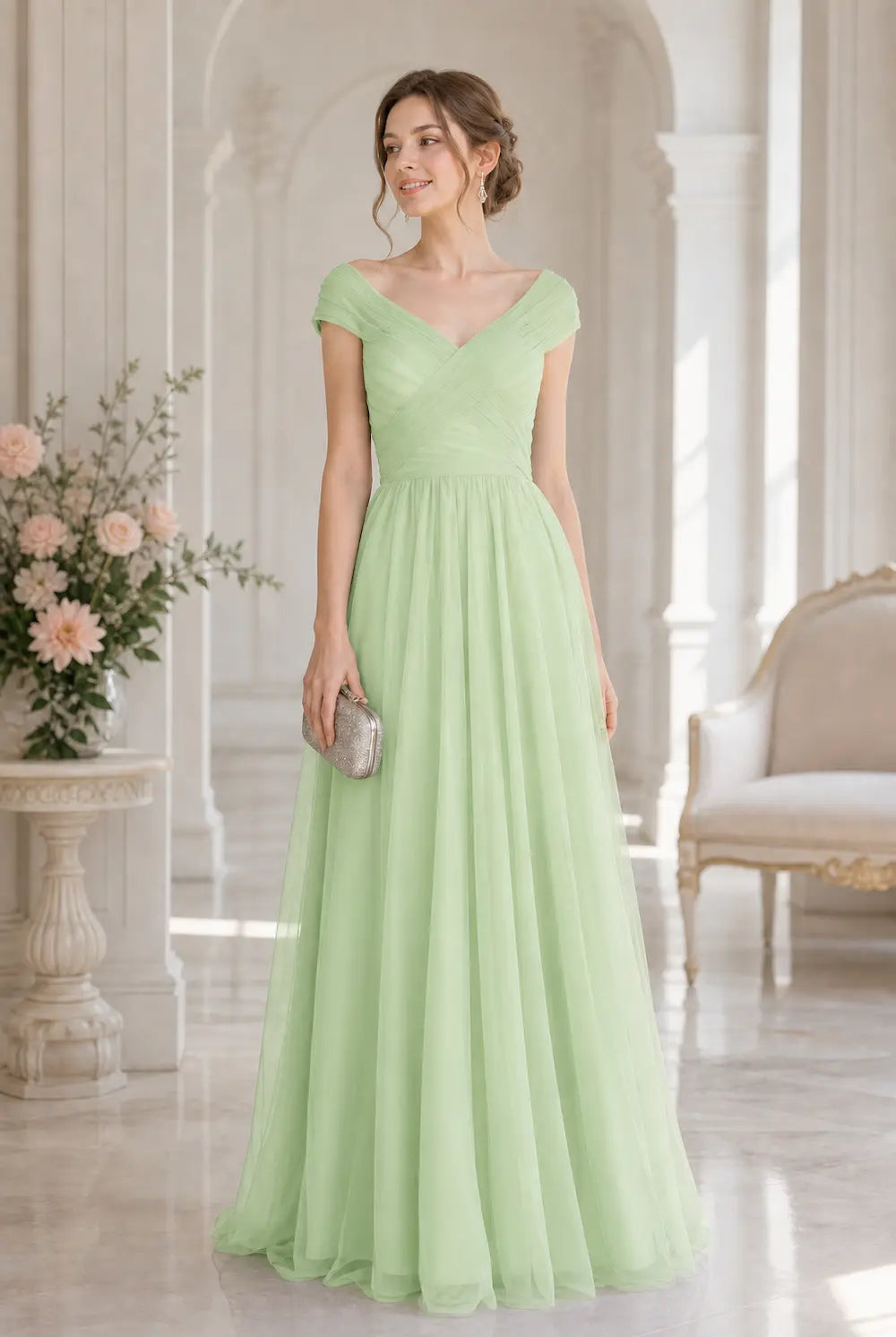 Sage green ruched tulle V-neck A-line prom dress with off-shoulder cap sleeves