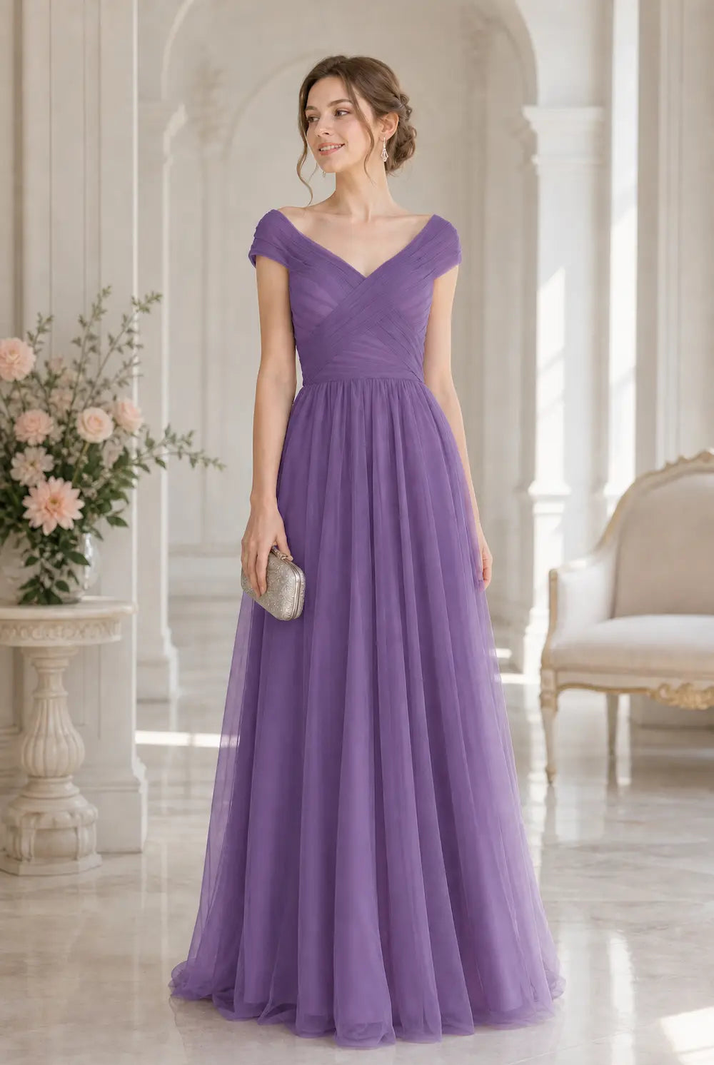 Purple ruched tulle V-neck A-line prom dress with cap sleeves