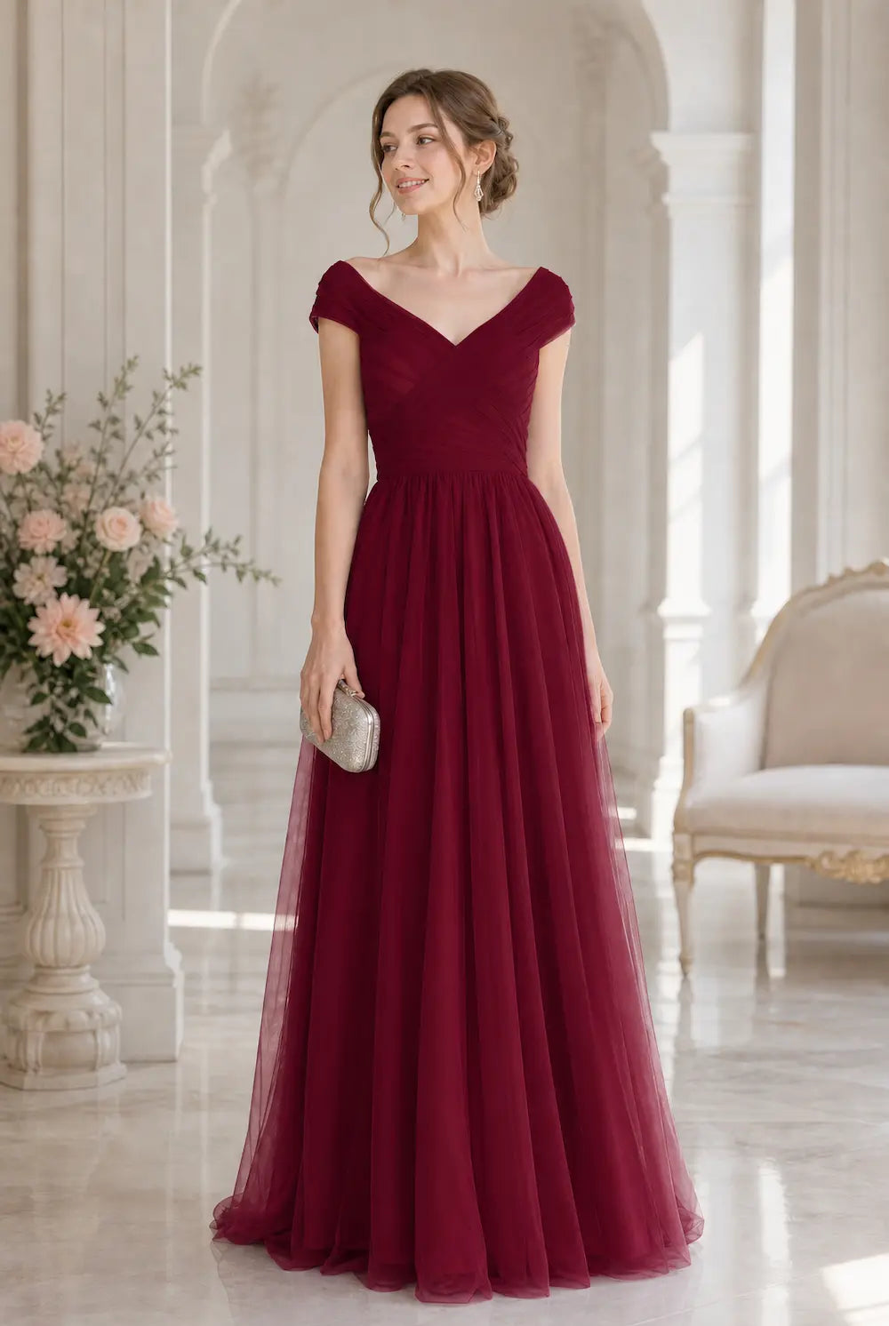 Burgundy ruched tulle V-neck A-line prom dress with cap sleeves