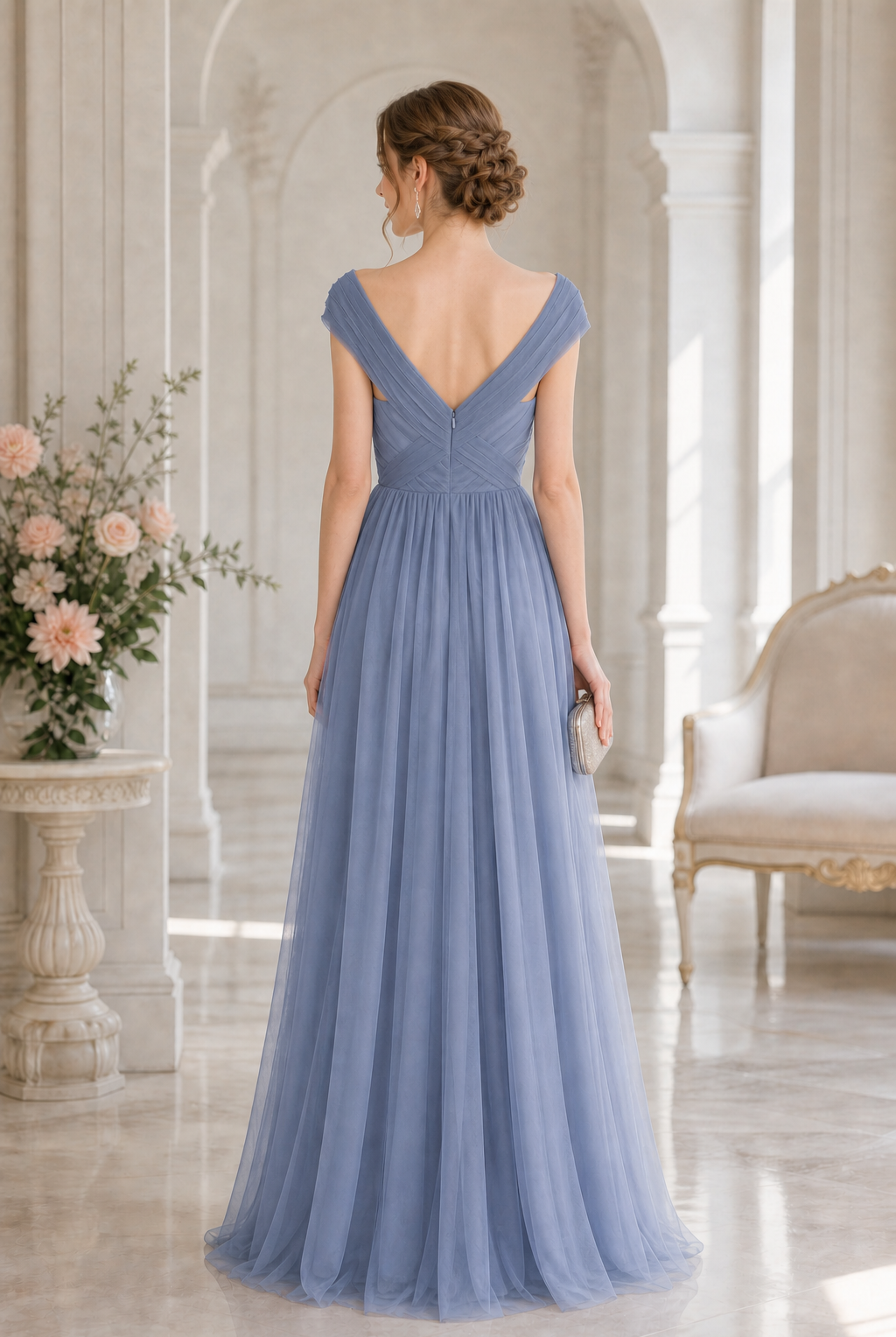 Dusty blue ruched tulle V-neck A-line prom dress, low back, cap sleeves