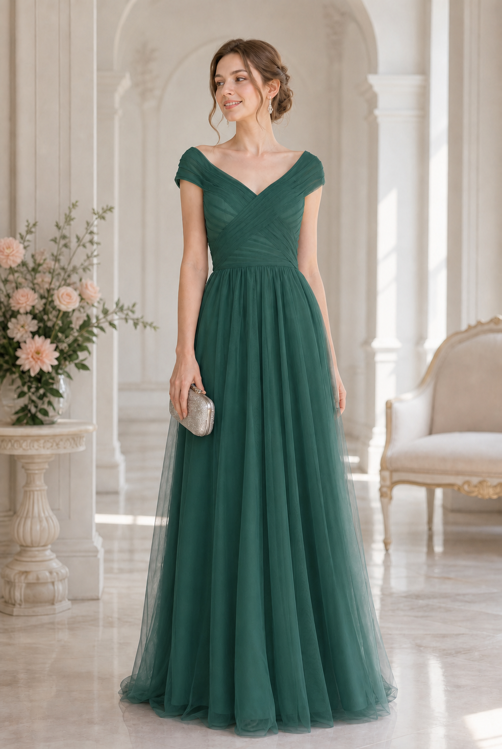Green ruched tulle V-neck A-line prom dress with off-shoulder cap sleeves and skirt