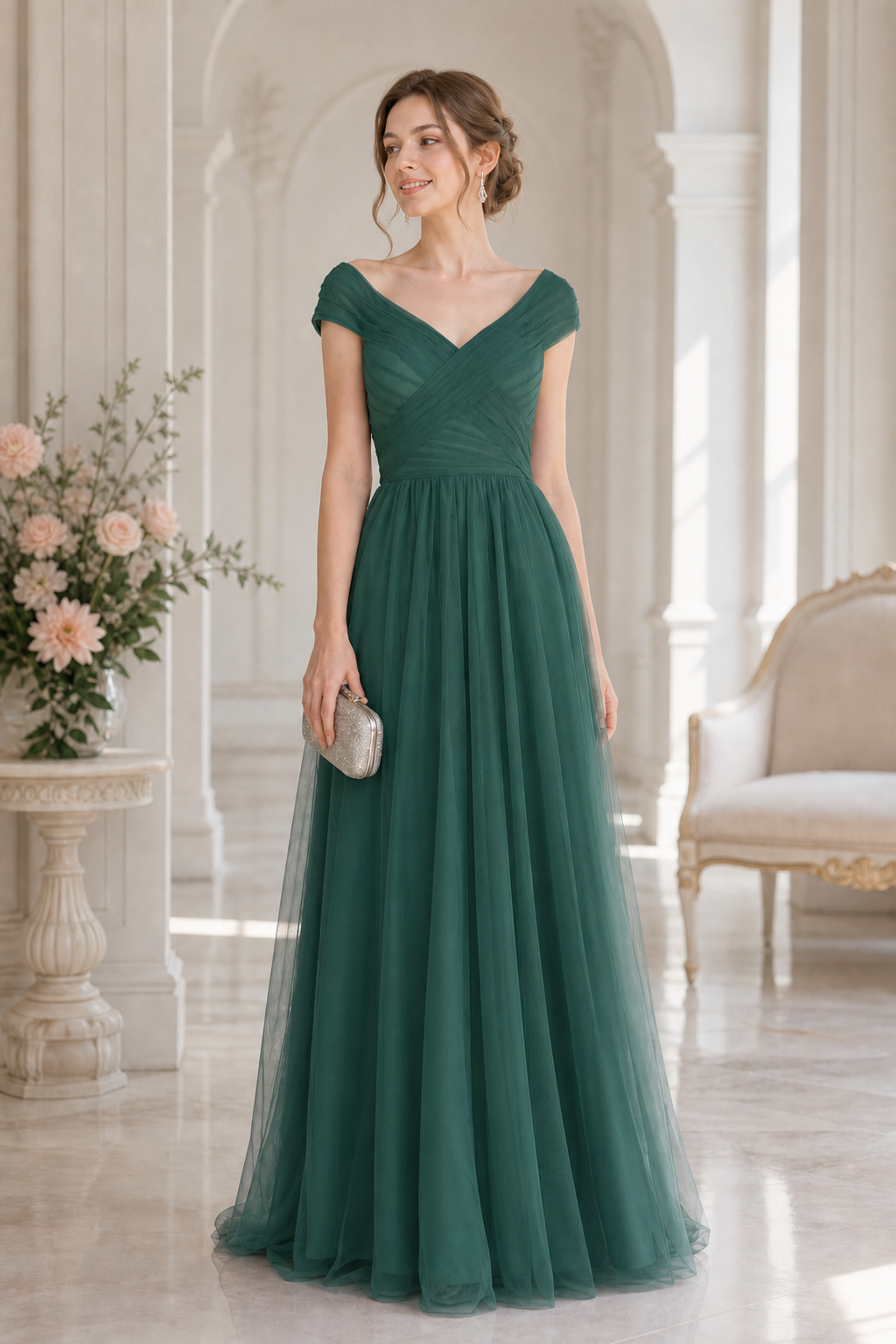 Green ruched tulle V-neck A-line prom dress with off-shoulder cap sleeves and skirt