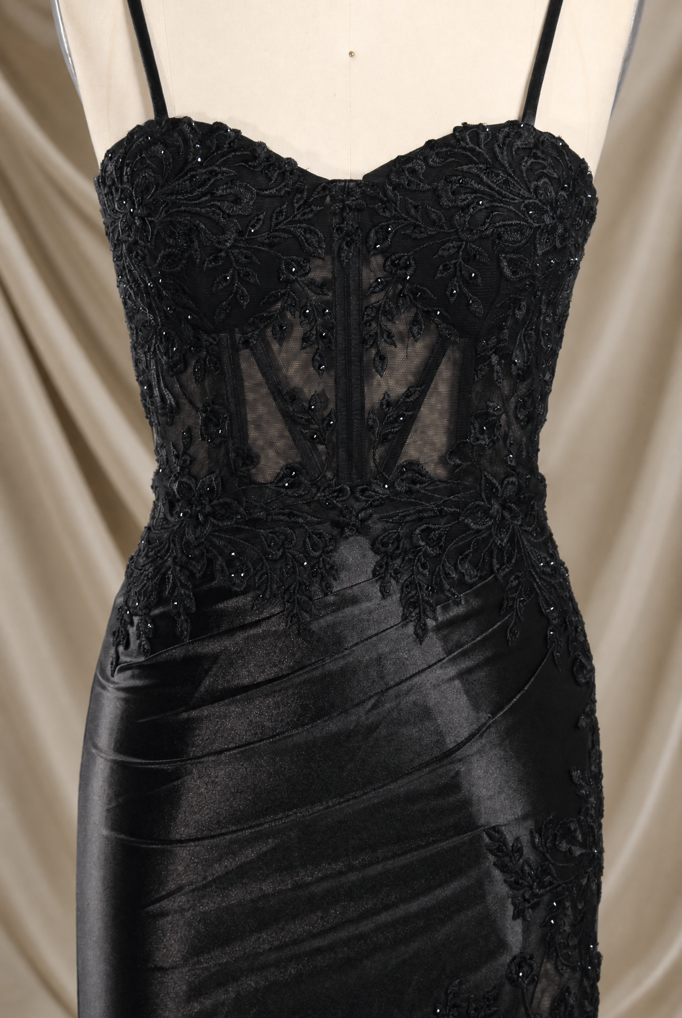 FLORIA black corset-style dress with lace floral details and sheer panels
