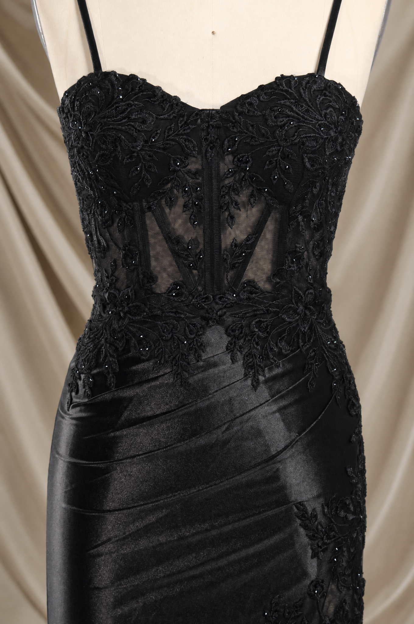 FLORIA black corset-style dress with lace floral details and sheer panels