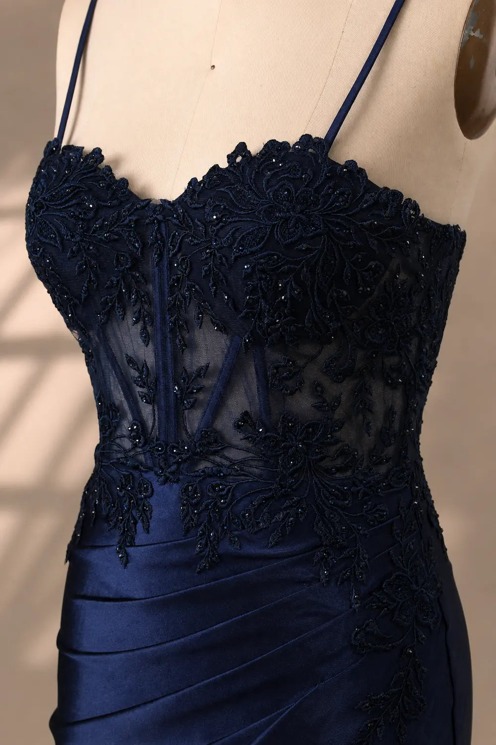 FLORIA navy lace evening dress with corset bodice