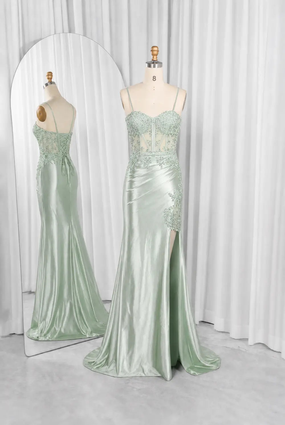 FLORIA sage green corset prom dress on mannequin, spaghetti straps, full-length skirt