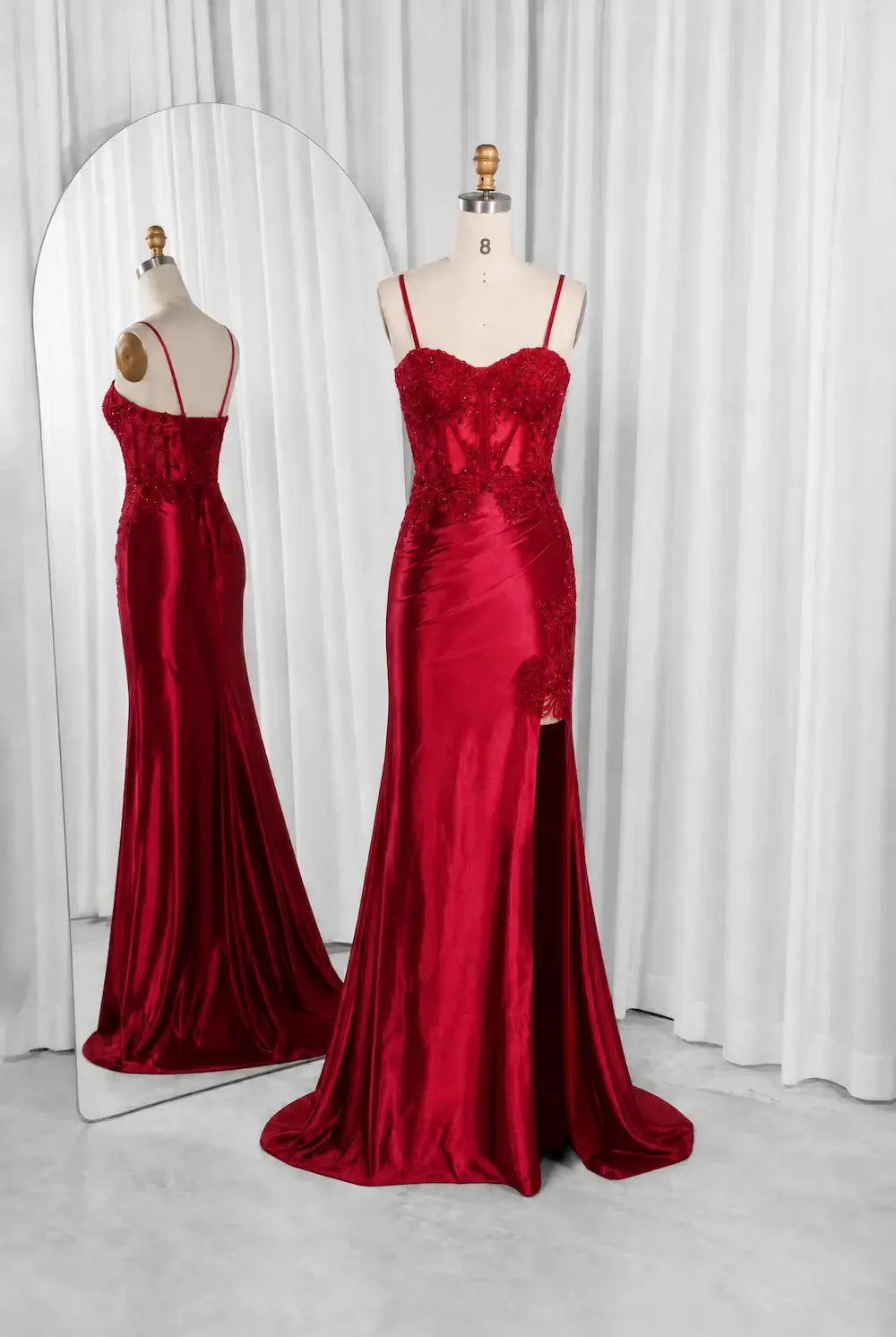 Wine red mermaid satin dress with lace corset bodice and thin spaghetti straps
