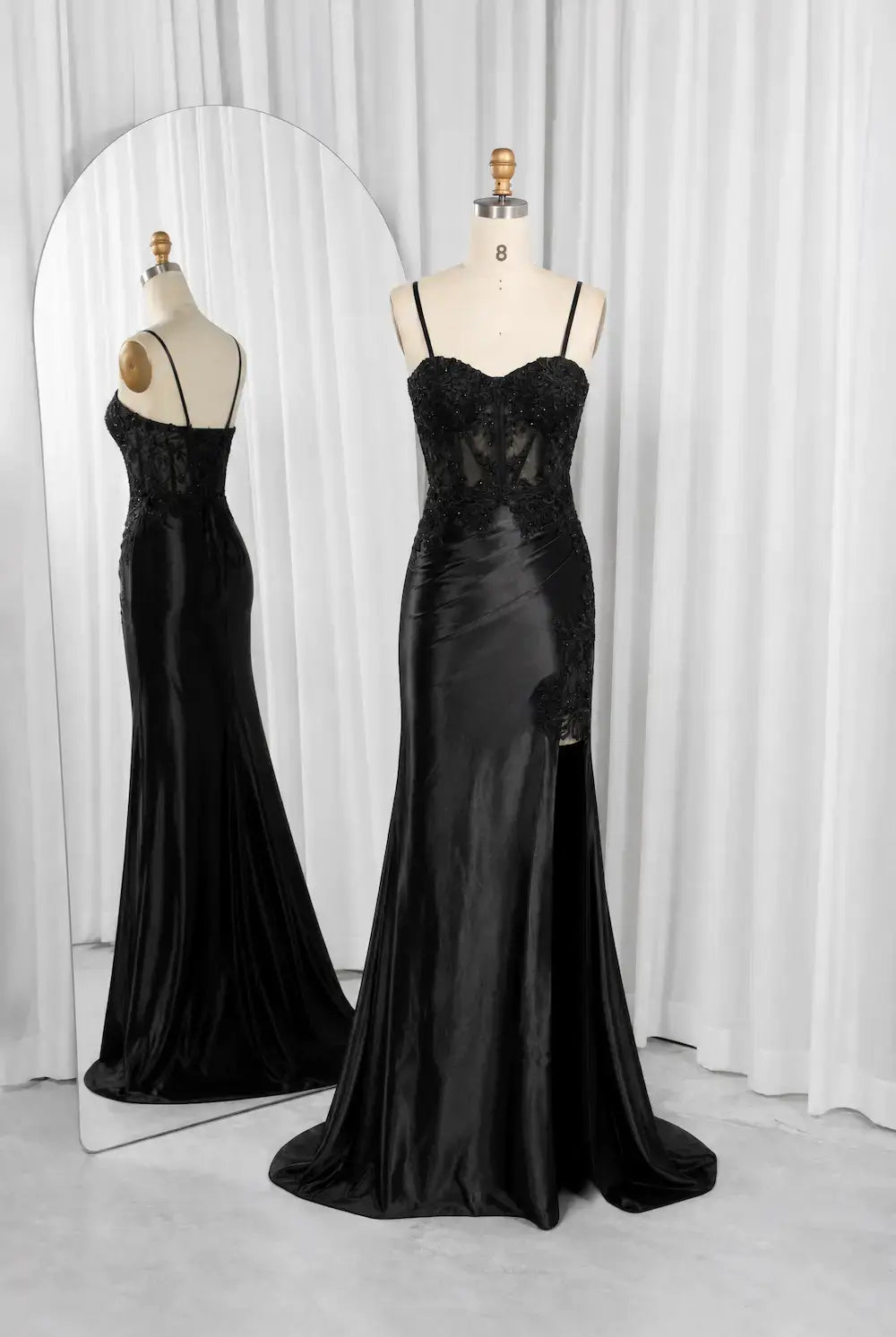 FLORIA black fitted evening gown with lace bodice and long mermaid skirt