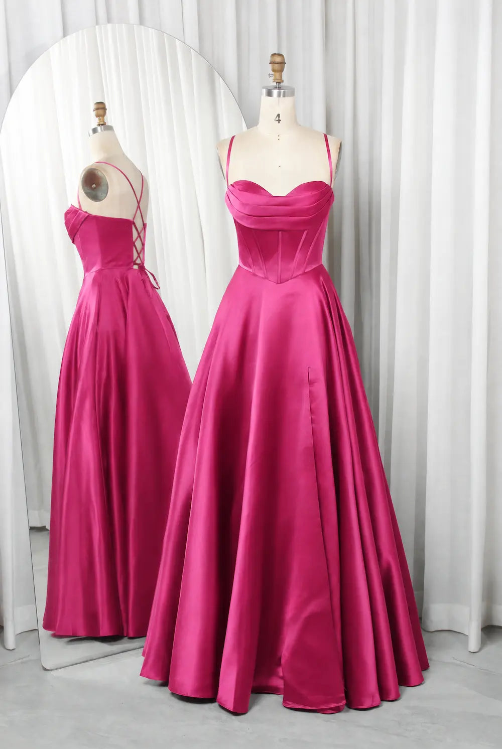 Fuchsia A-line prom dress with strapless sweetheart neckline and pleated skirt