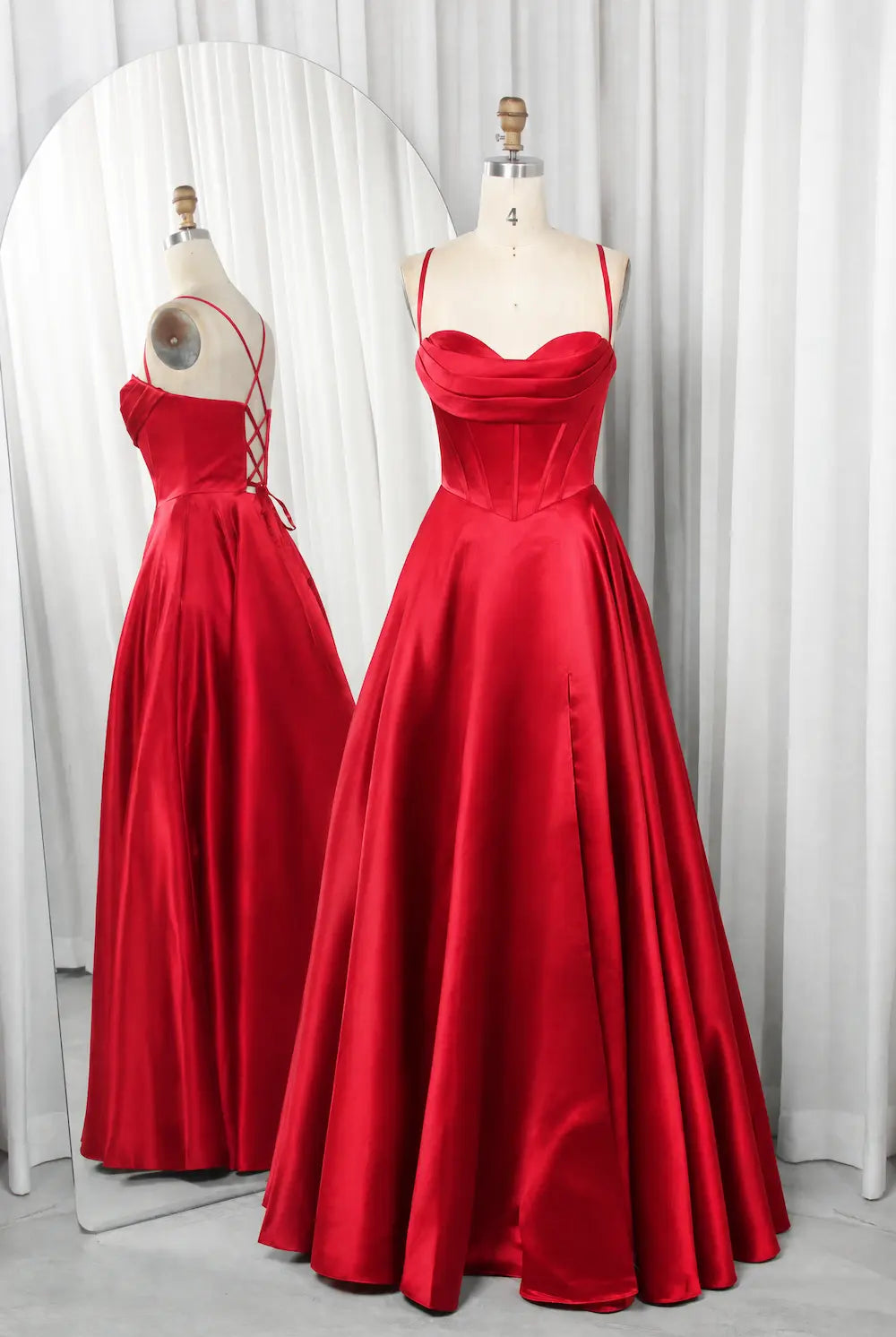 Red A-line prom dress with strapless sweetheart neckline and pleated full skirt