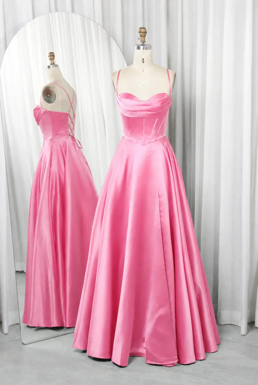 Bright pink A-line prom dress with strapless neckline and pleated full skirt