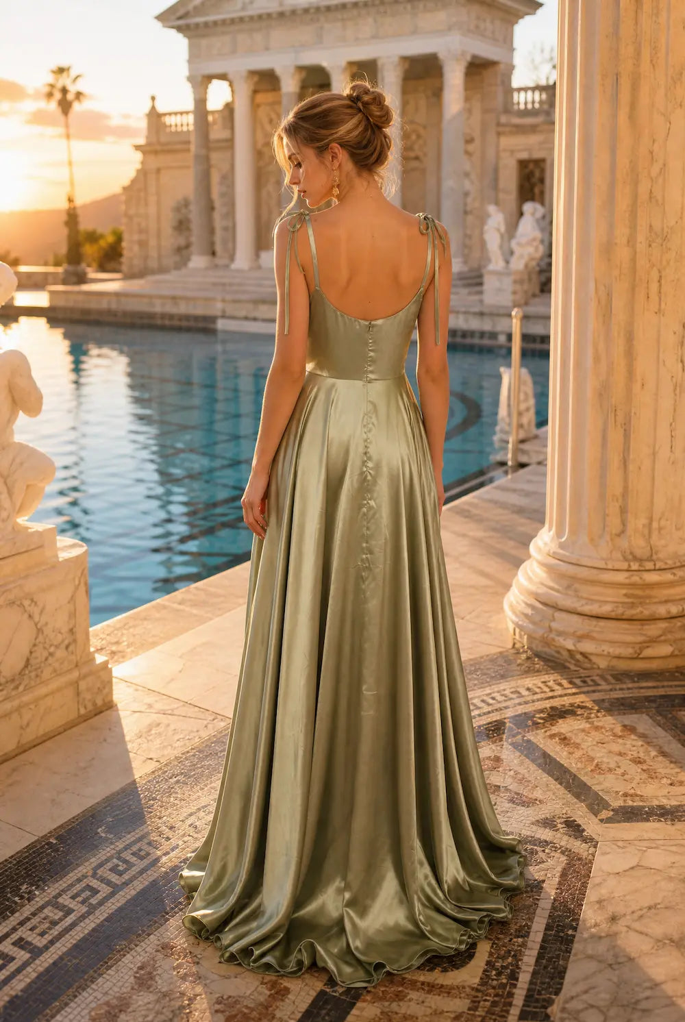 Satin A-line prom dress with side slit, spaghetti straps, olive green satin skirt