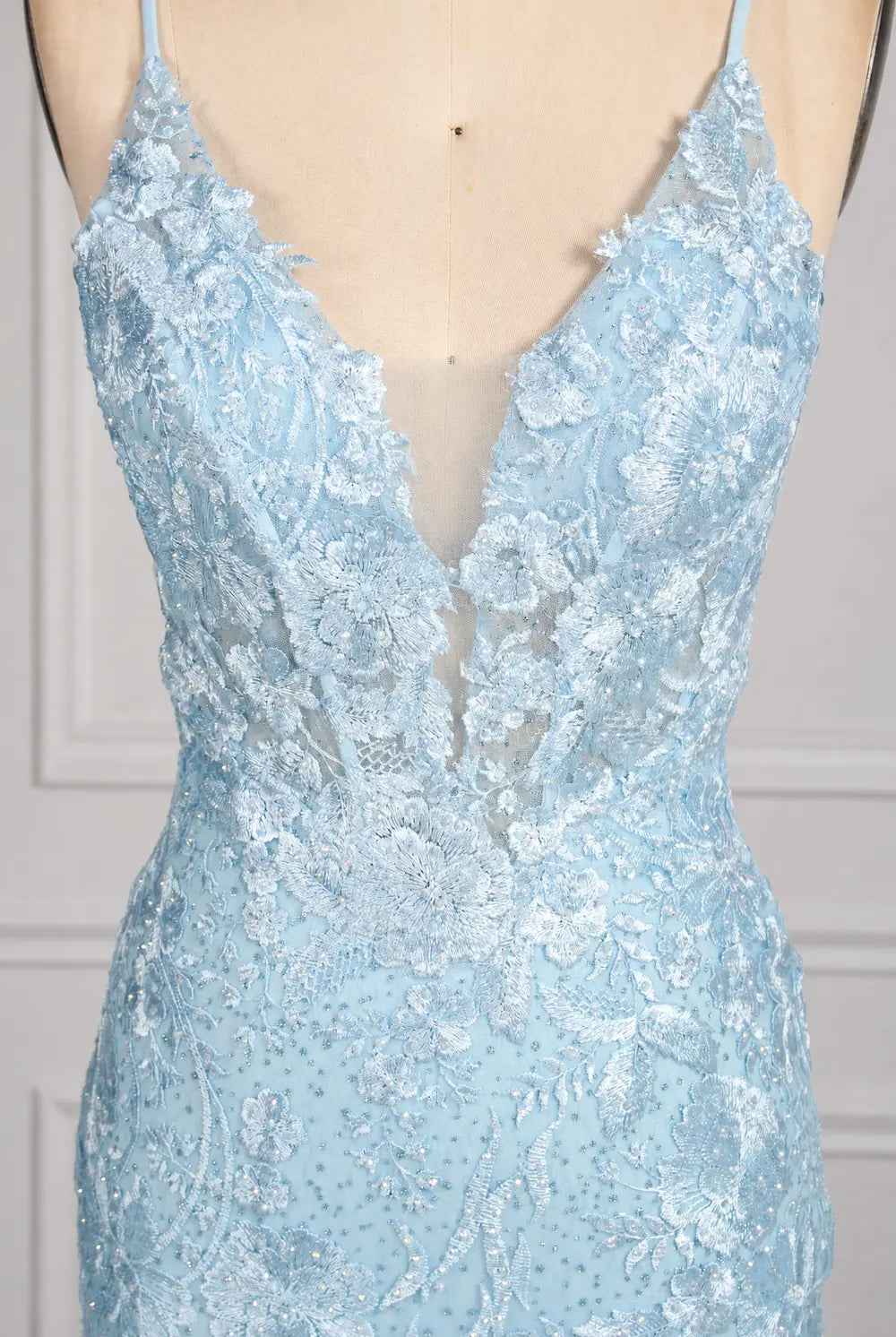 Light blue rhinestone lace mermaid prom dress bodice with V-neck detail