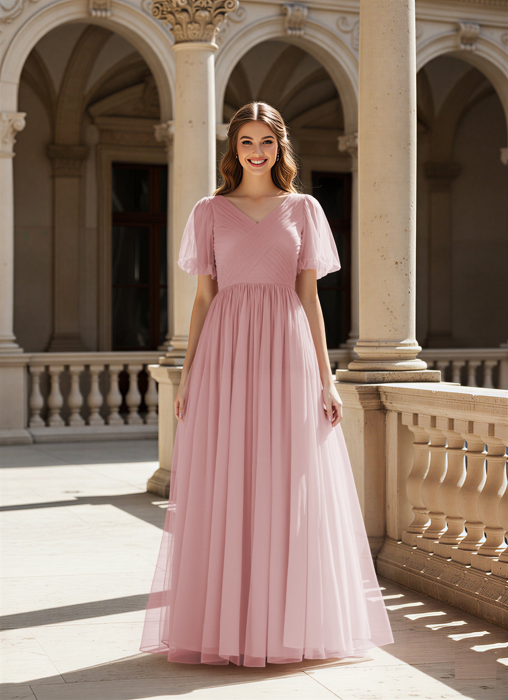 Graceful Bridesmaid Gown - Flutter Sleeve Design TFB8073