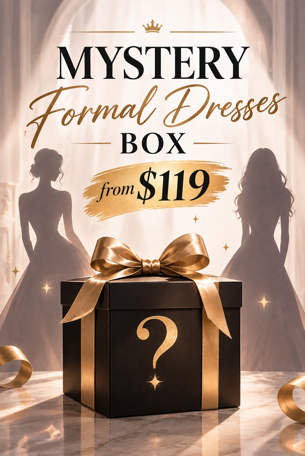 Mystery formal dress box gift with gold ribbon bow and question mark