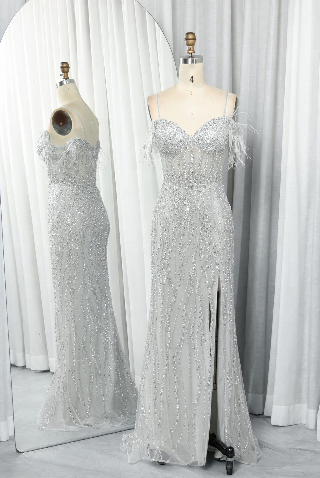 Spaghetti Strap Sequin Feather Tulle Prom Dress with Slit TFB 5044 | blissfulprom