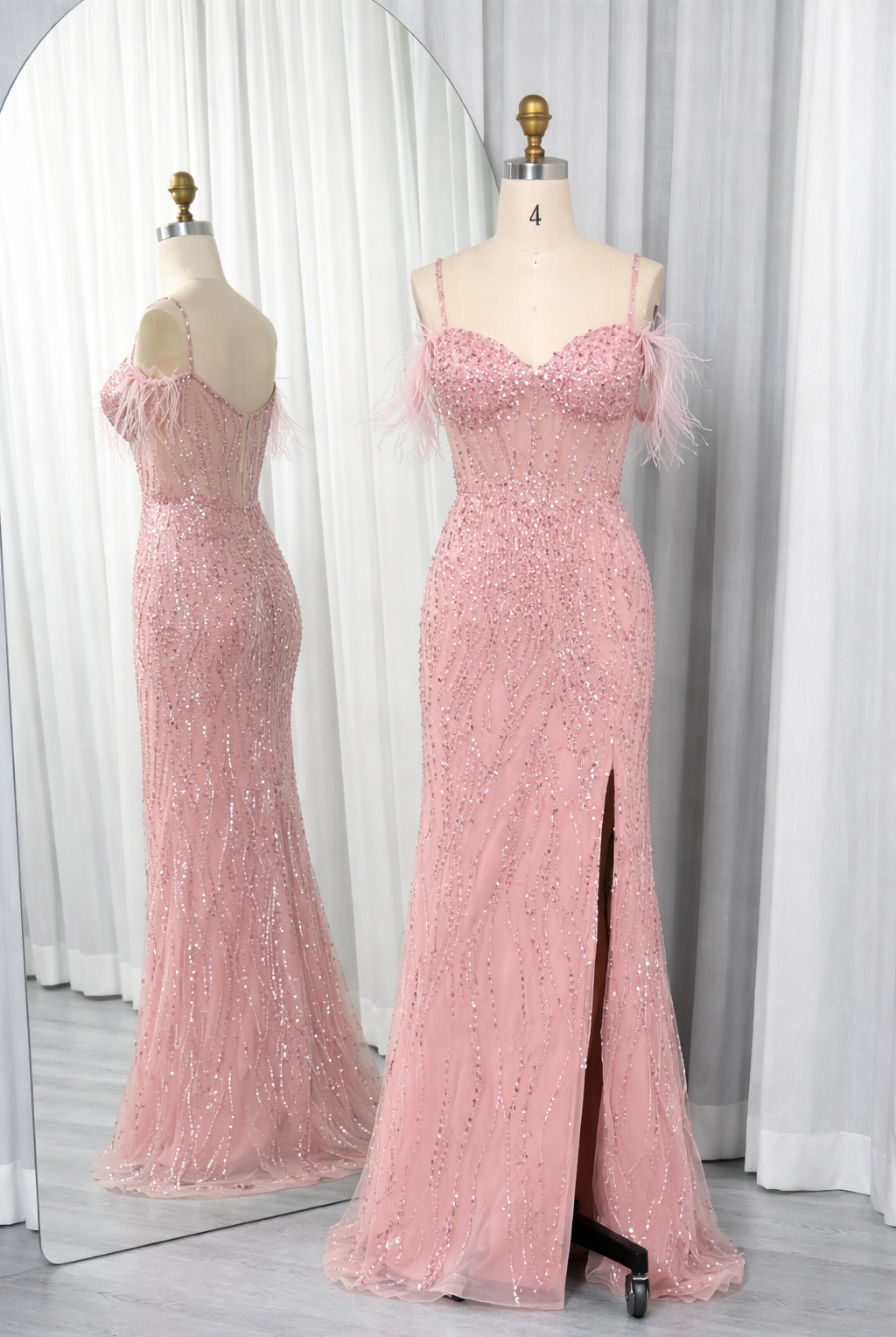 Spaghetti Strap Sequin Feather Tulle Prom Dress with Slit TFB 5044 | blissfulprom