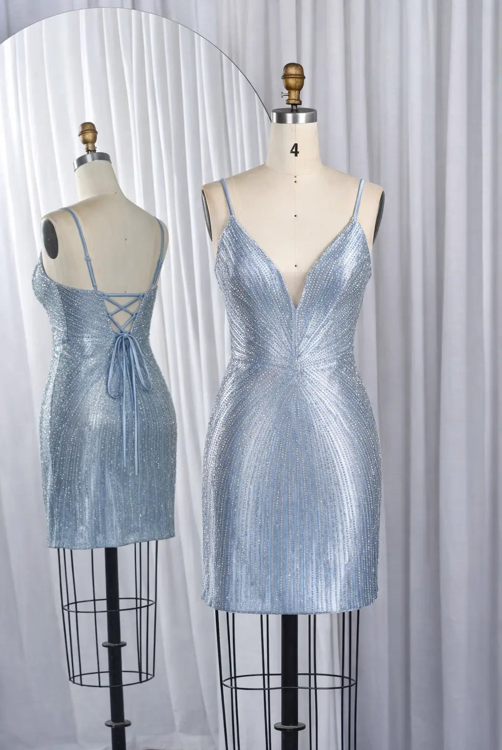 Crystal Starburst Deep V-Neck Homecoming Dress with Spaghetti Straps - TFB 5014 | blissfulprom