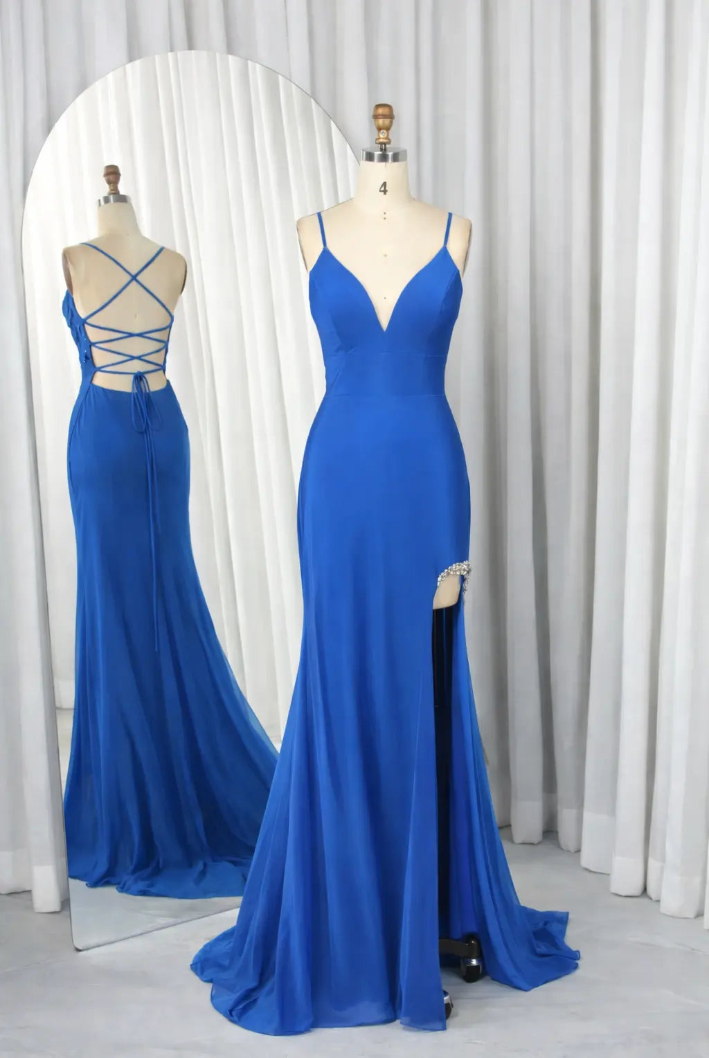 Lustrous Satin V-Neck Mermaid Prom Dress with Crystal Slit Detail - TFB 8053 | blissfulprom