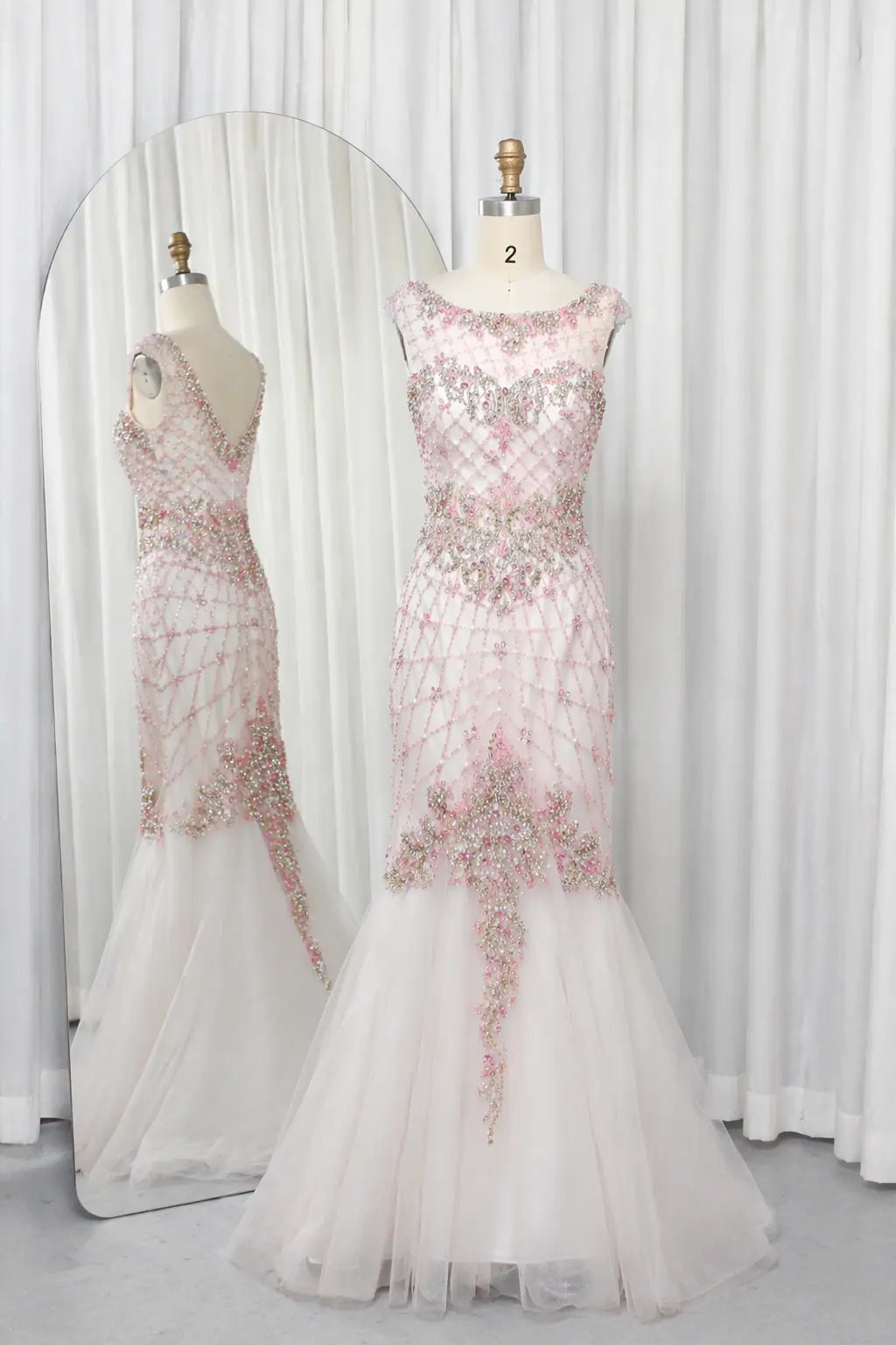 Pink mermaid mother-of-the-bride dress with illusion neckline and floral beaded appliques