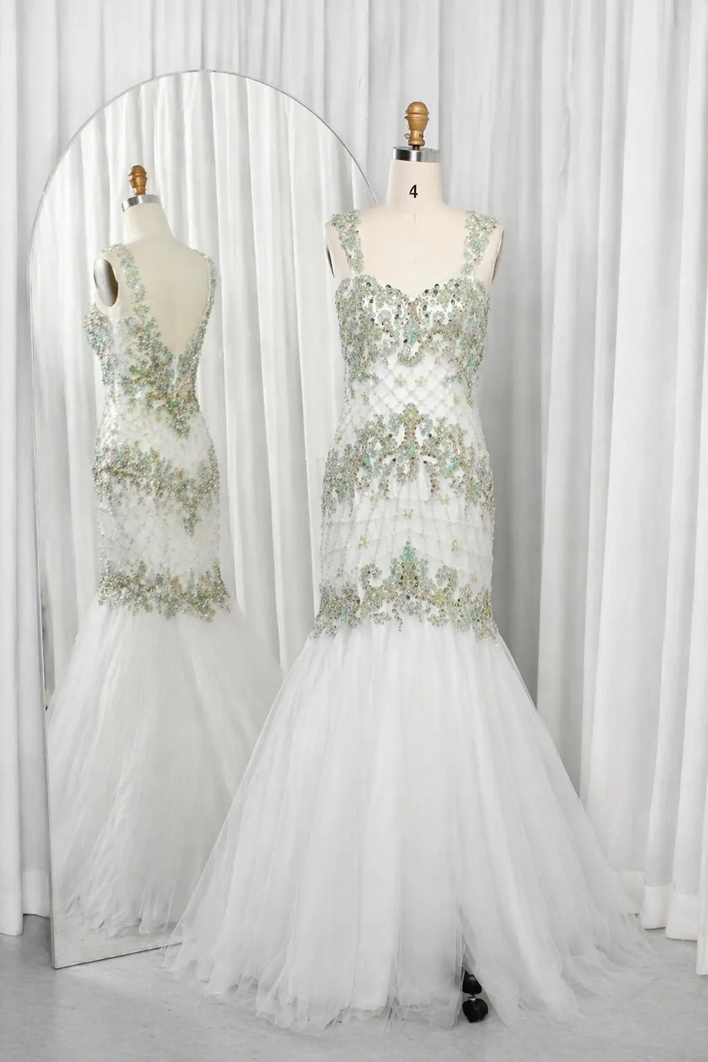 Beaded mermaid mother-of-the-bride dress with sweetheart neckline, sage beaded embroidery
