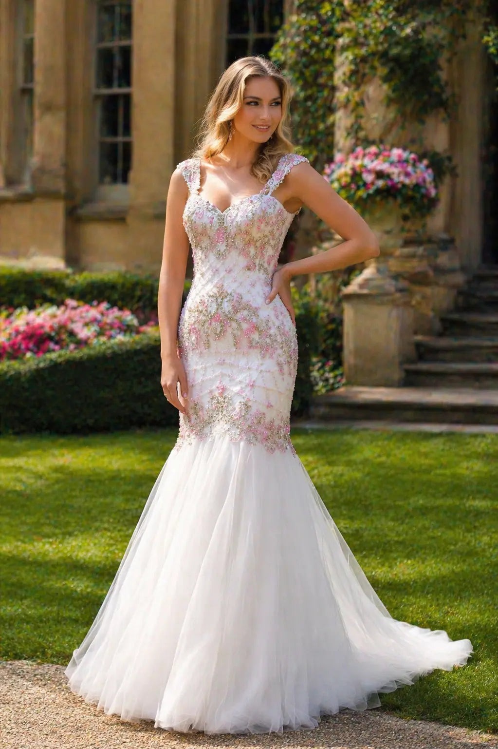 Beaded mermaid mother-of-the-bride dress with sweetheart neckline, pink floral embroidery