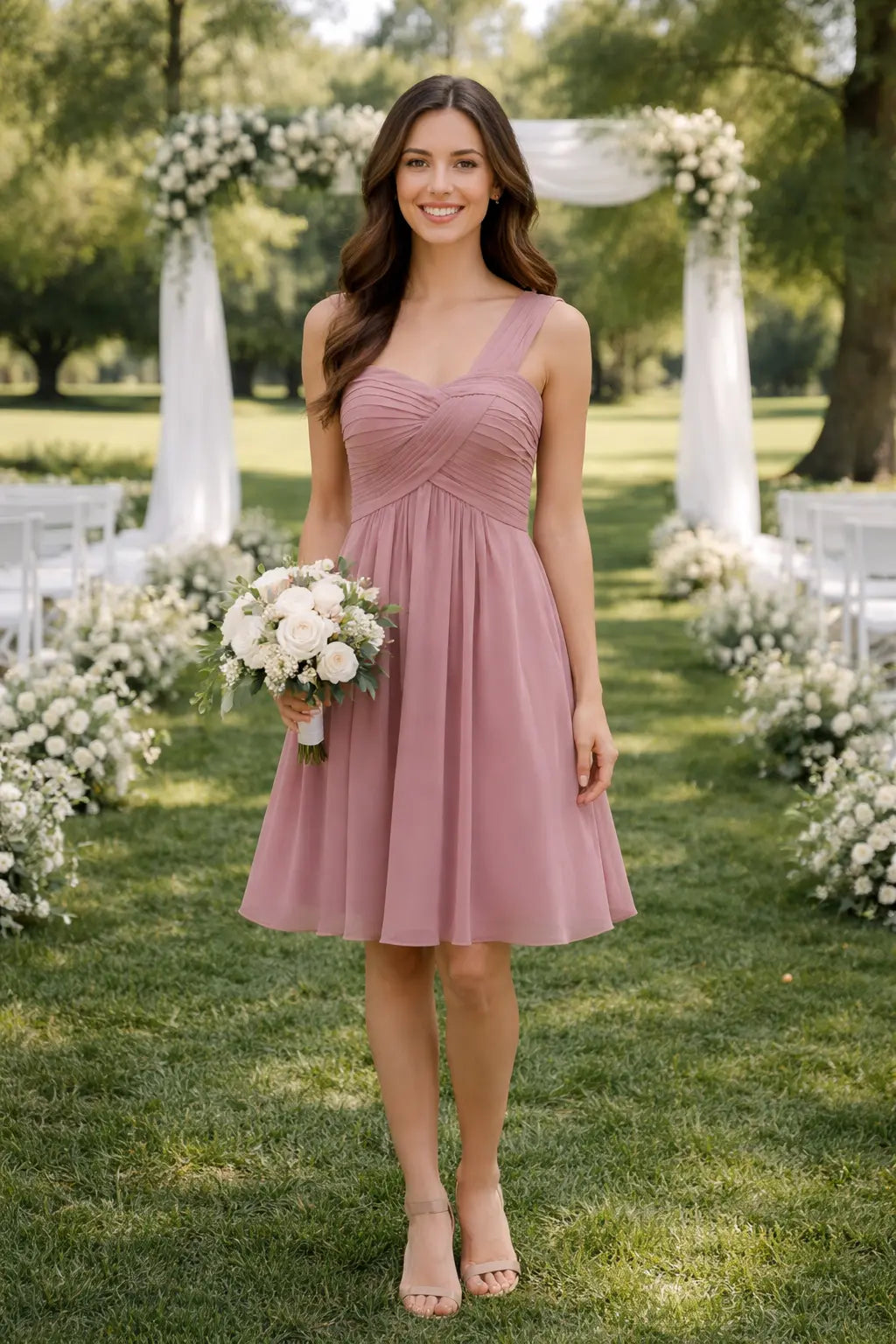 Single-Shoulder Chiffon Short Bridesmaid Dress with Ruched Bodice TFB 8036 | blissfulprom