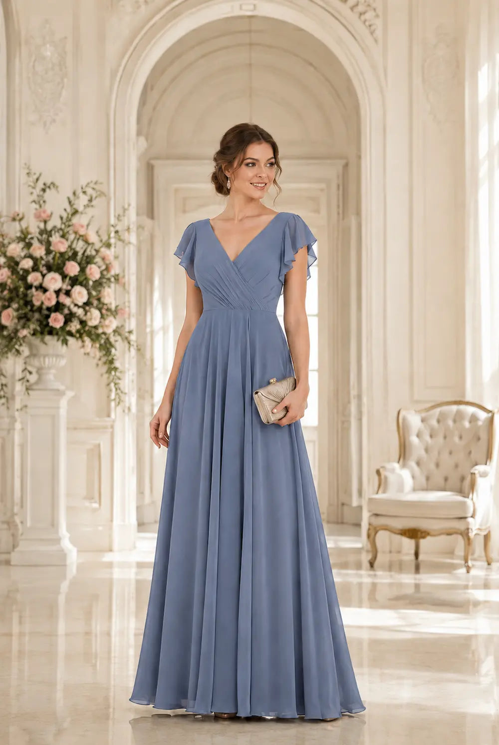 V-neck A-line prom dress in dusty blue with ruched bodice and short flutter sleeves