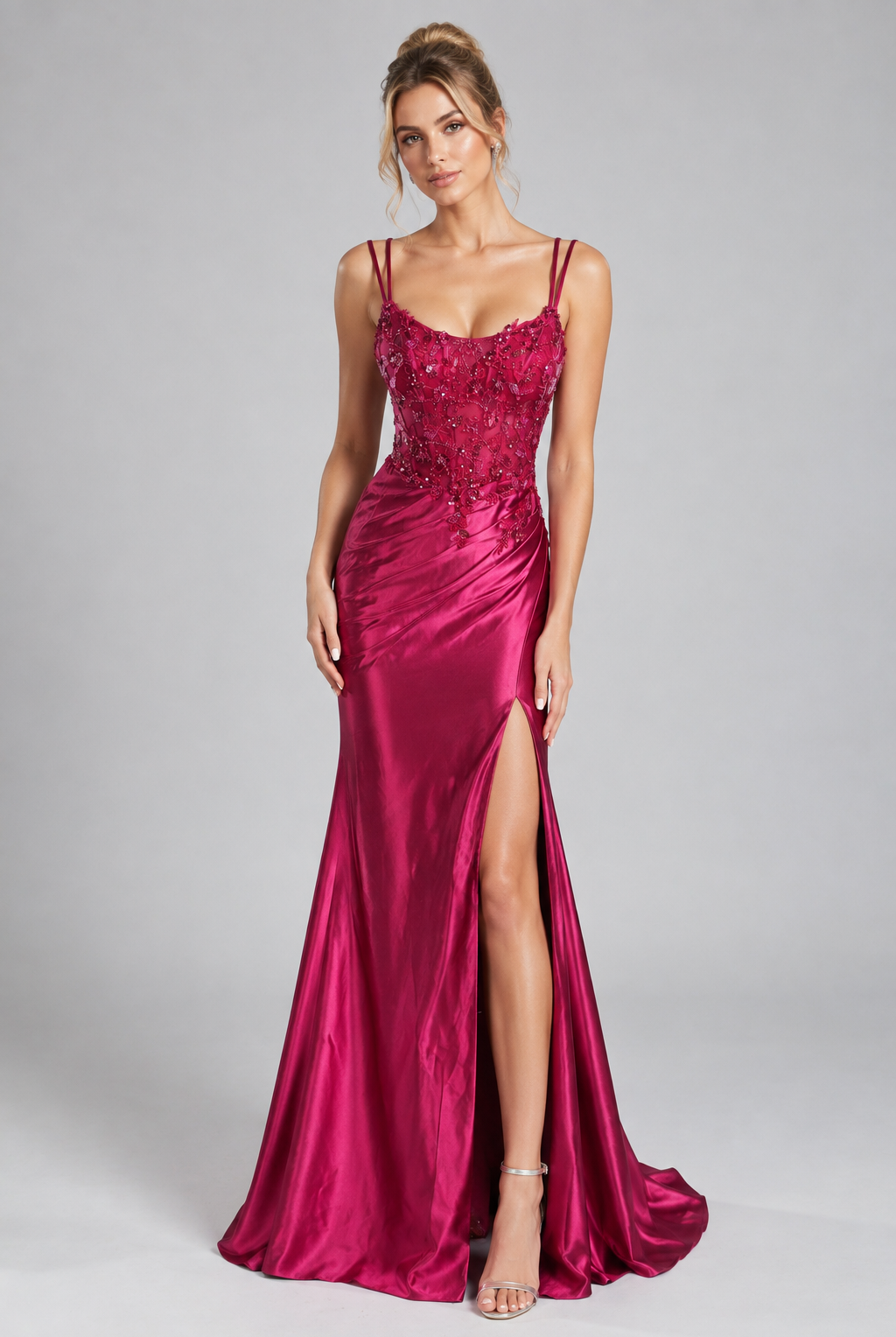 Hot pink satin mermaid prom dress with sequin lace bodice and thigh-high slit