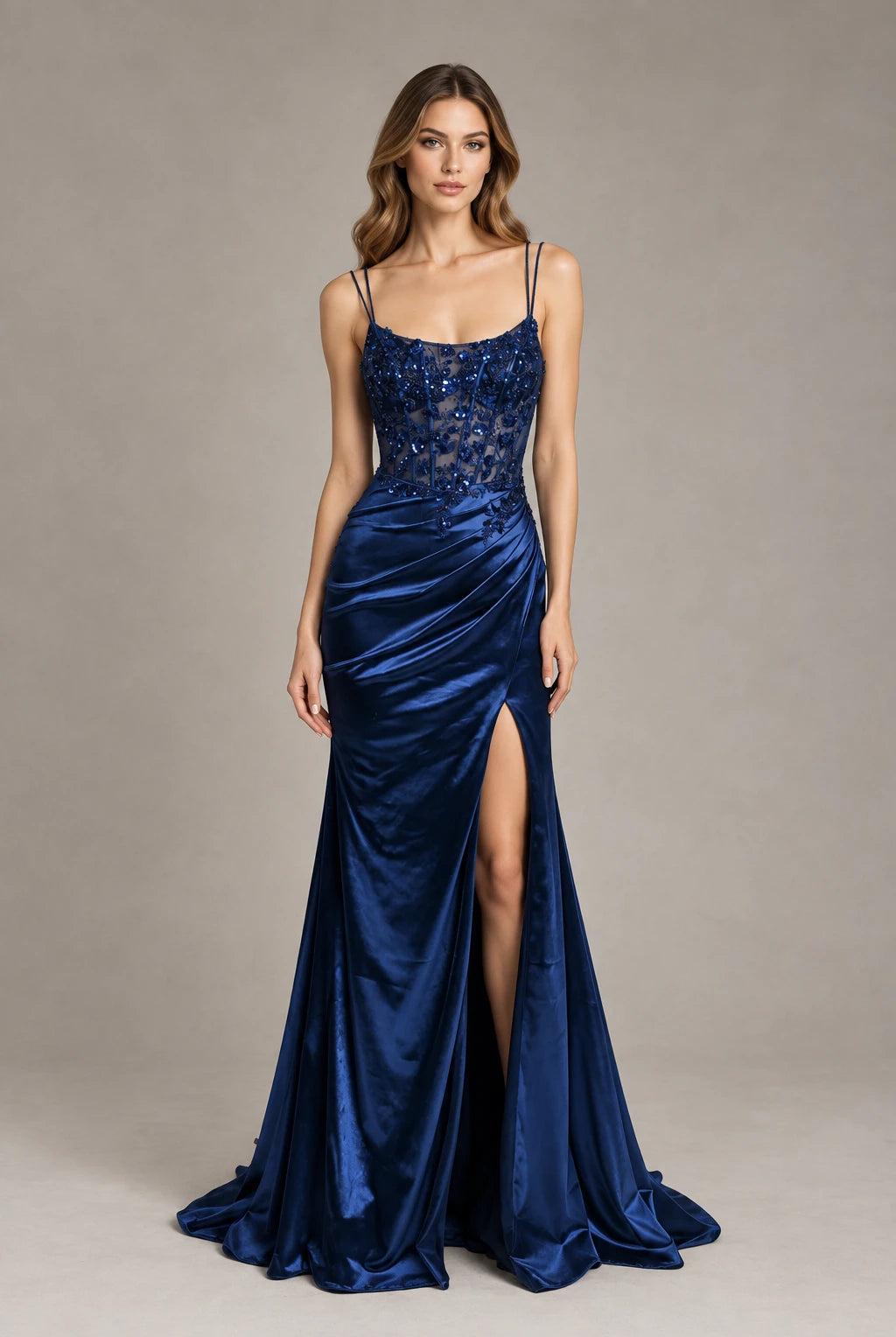 Navy satin mermaid prom dress with sequin lace bodice and thigh-high slit
