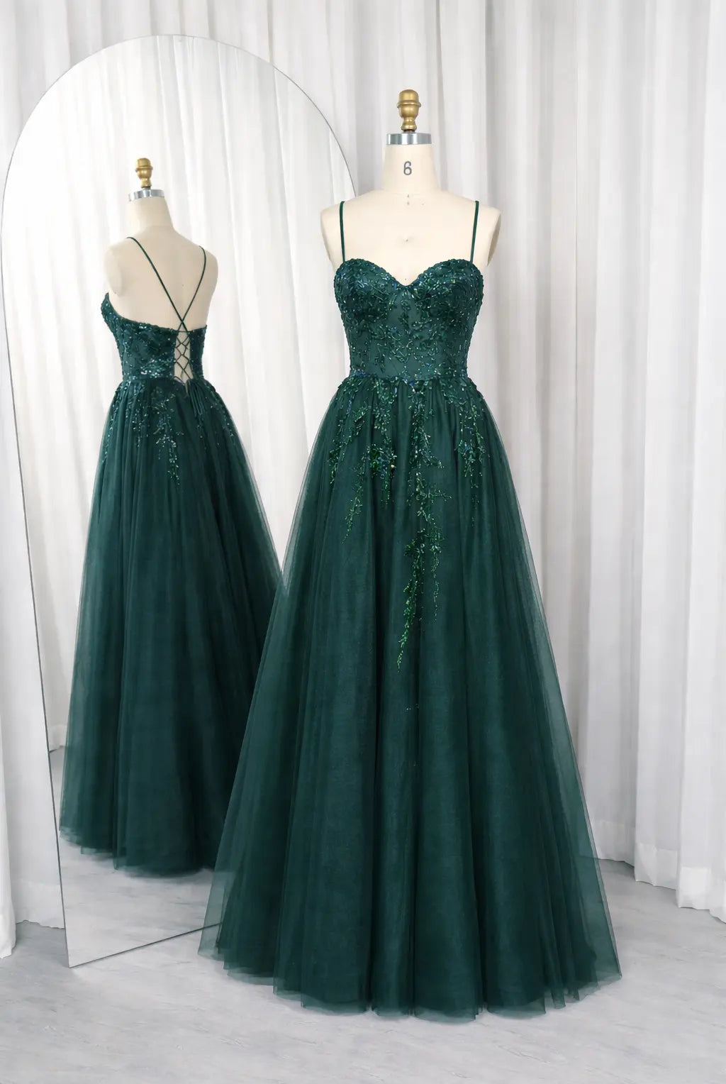Spaghetti Strap Sequin Bodice Glitter Tulle Prom Dress TFB 5040 | blissfulprom