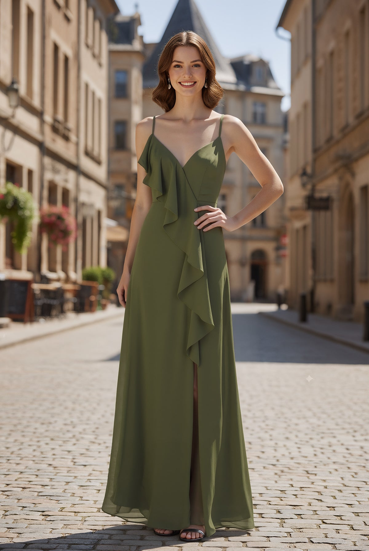 Ruffled Chiffon Prom Dress with Spaghetti Straps & Side Slit -TFB6023