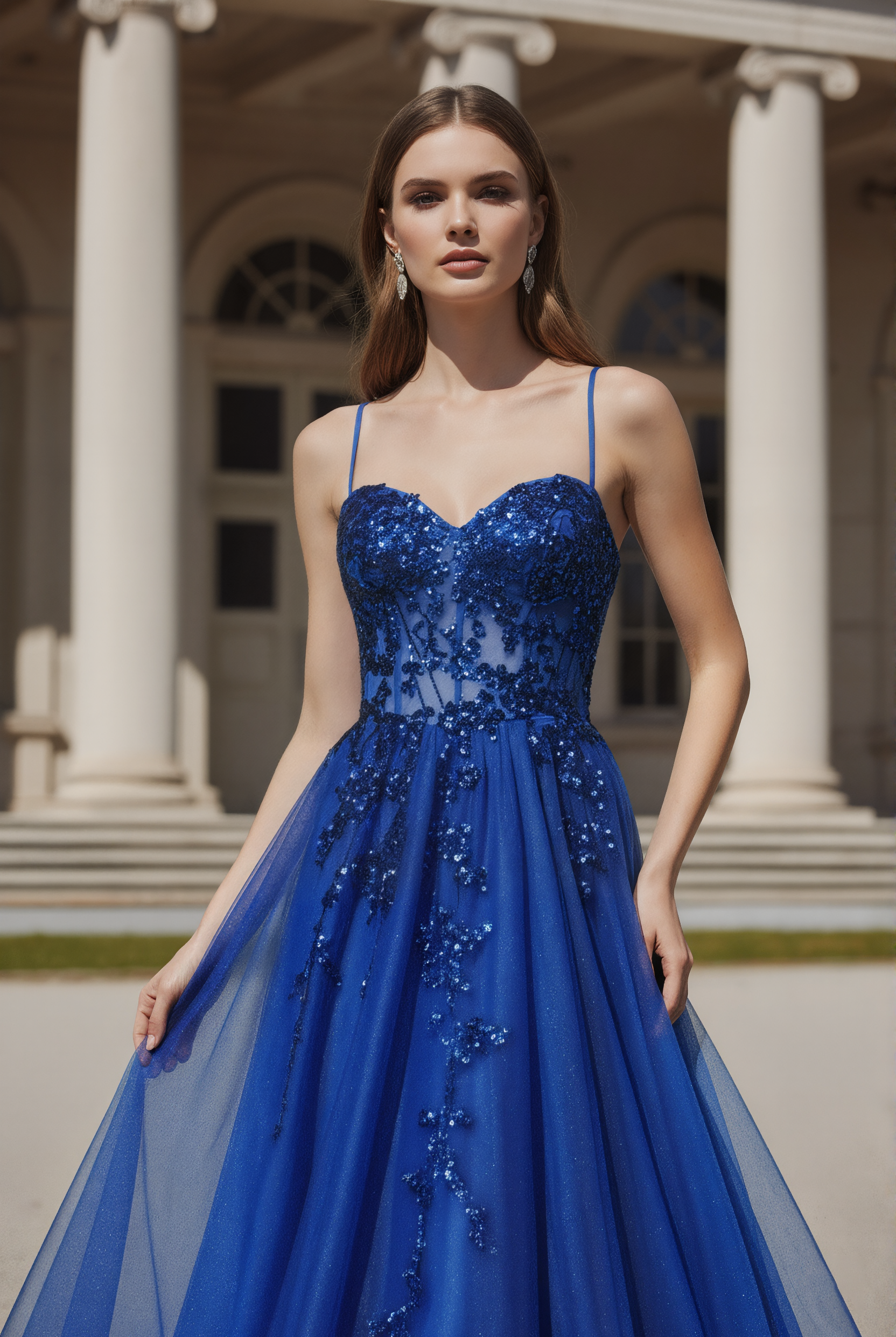 Spaghetti Strap Sequin Bodice Glitter Tulle Prom Dress TFB 5040 | blissfulprom