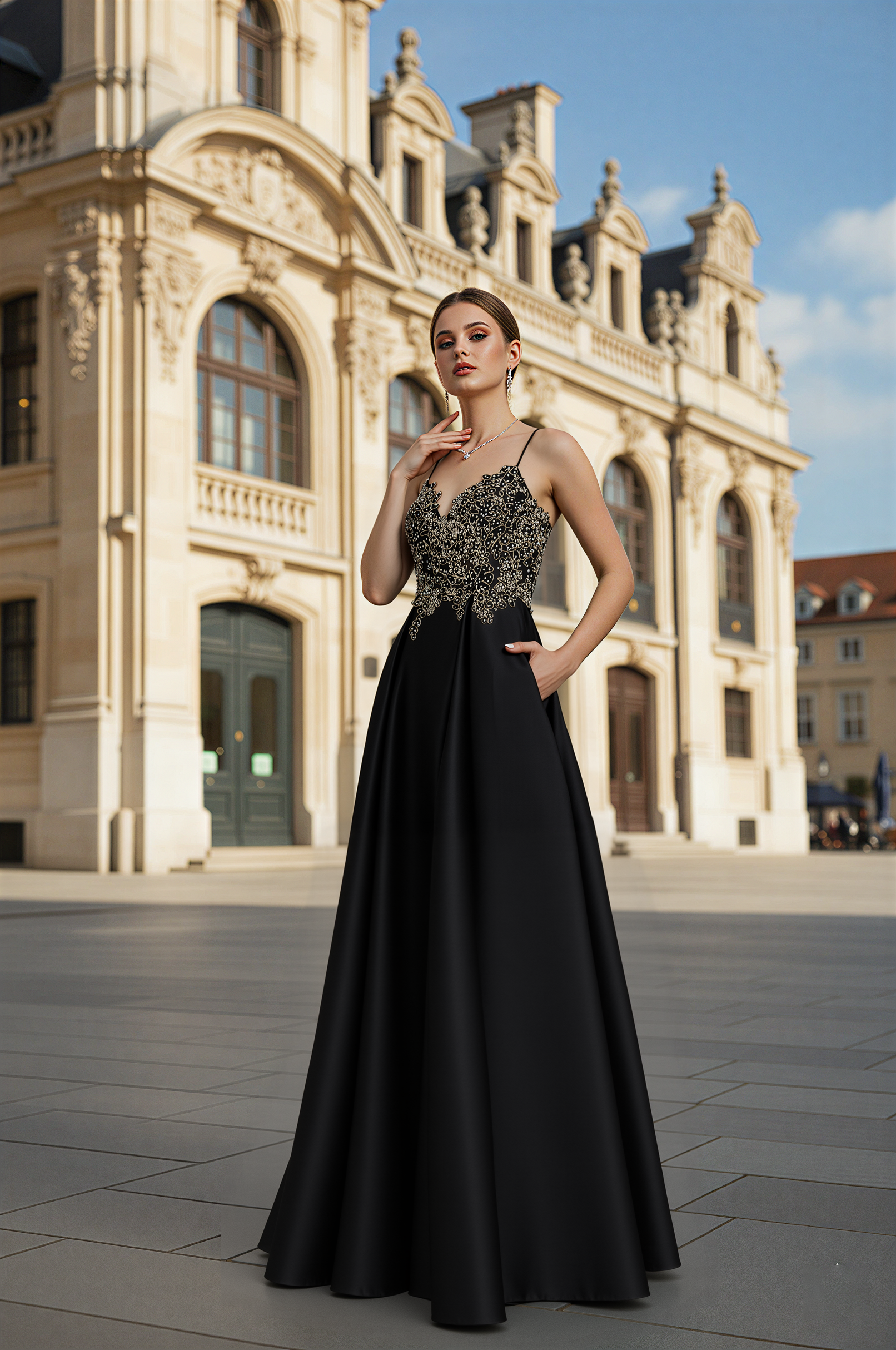 Black satin A-line prom dress with beaded bodice and thin spaghetti straps