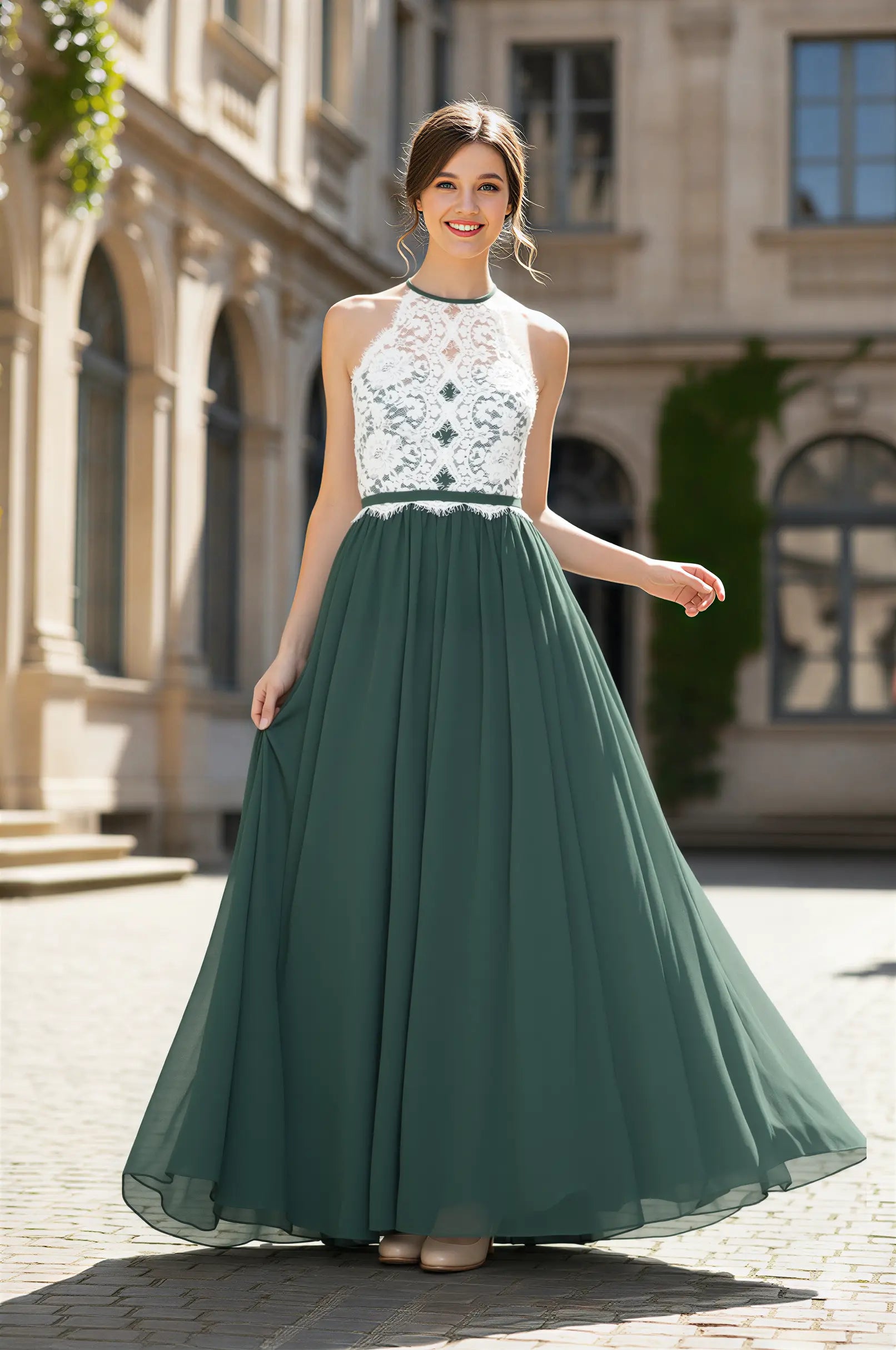 Halter Lace Bodice Bridesmaid Dress with Chiffon Skirt & Open Back TFB 8063 | blissfulprom