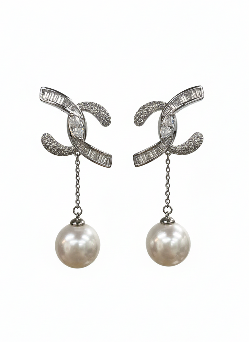 Geometric Interlocking Crystal Pearl Drop Earrings - RM021