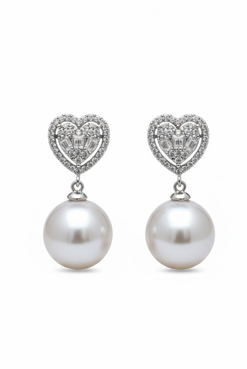 Heart-shaped silver-tone pave earrings with white pearl drop