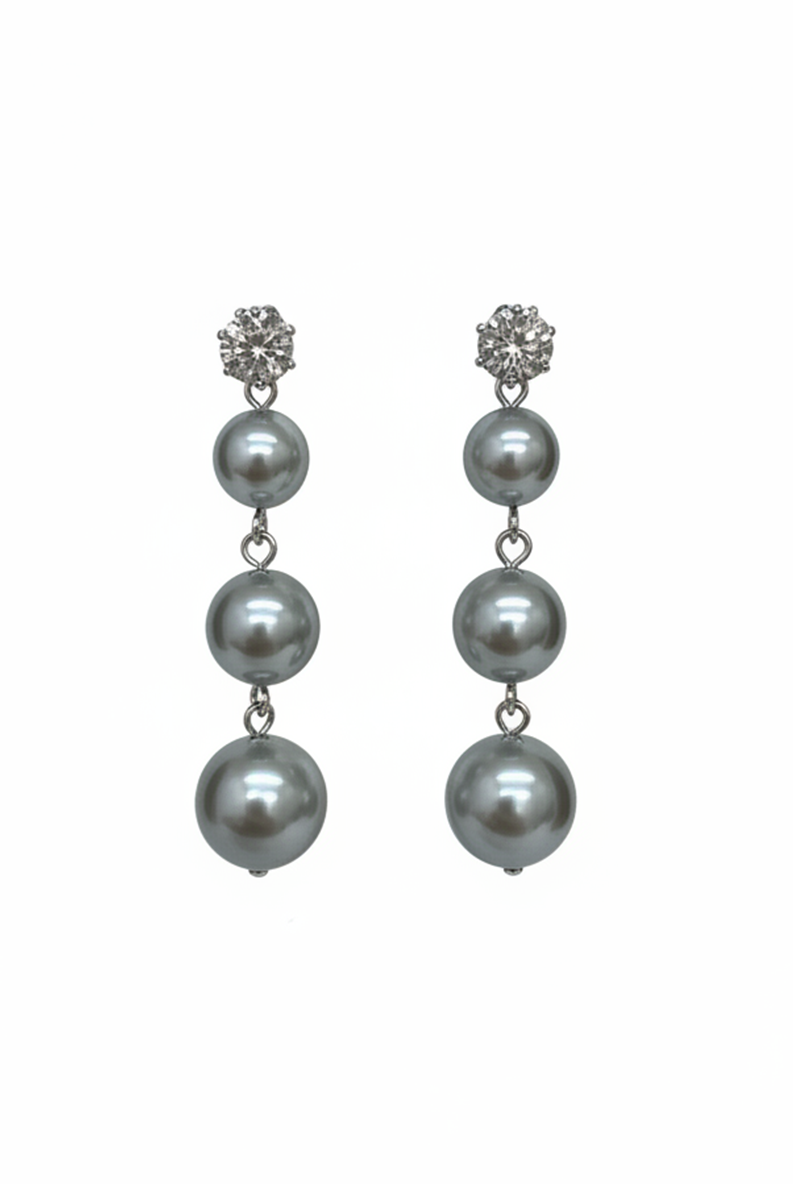 Pearl linear drop earrings with three grey domed pearls and jeweled stud tops