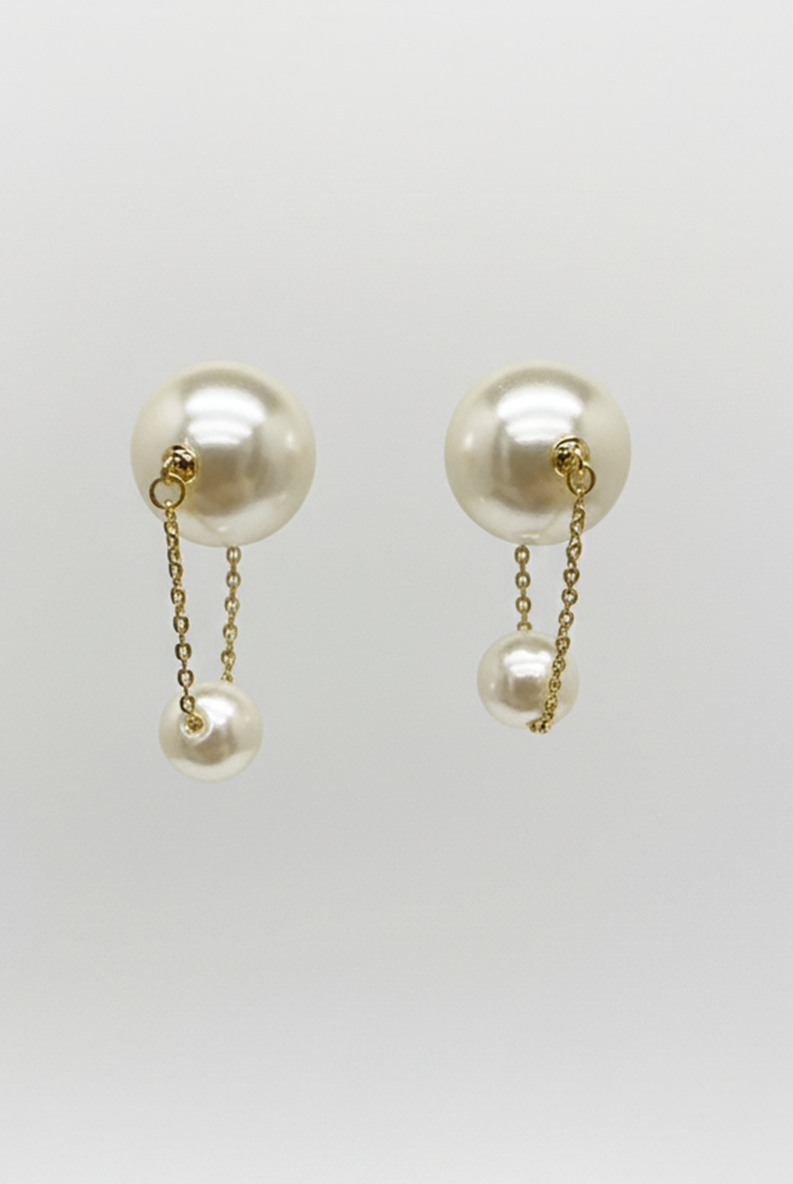 Gold-tone chain drop pearl earrings with circular caps and two hanging pearls