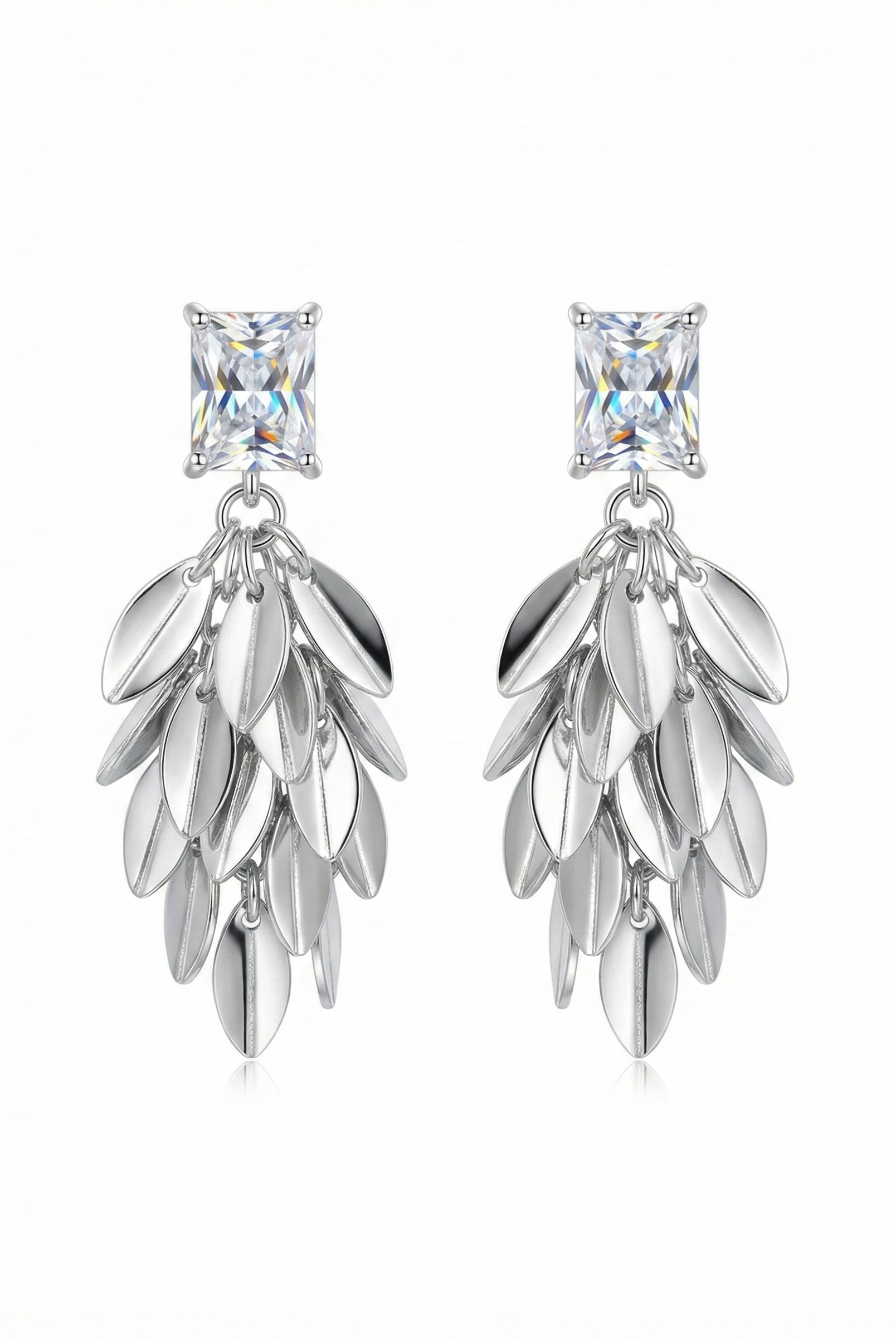 Silver-tone drop earrings with clear marquise stones and layered leaf charm clusters