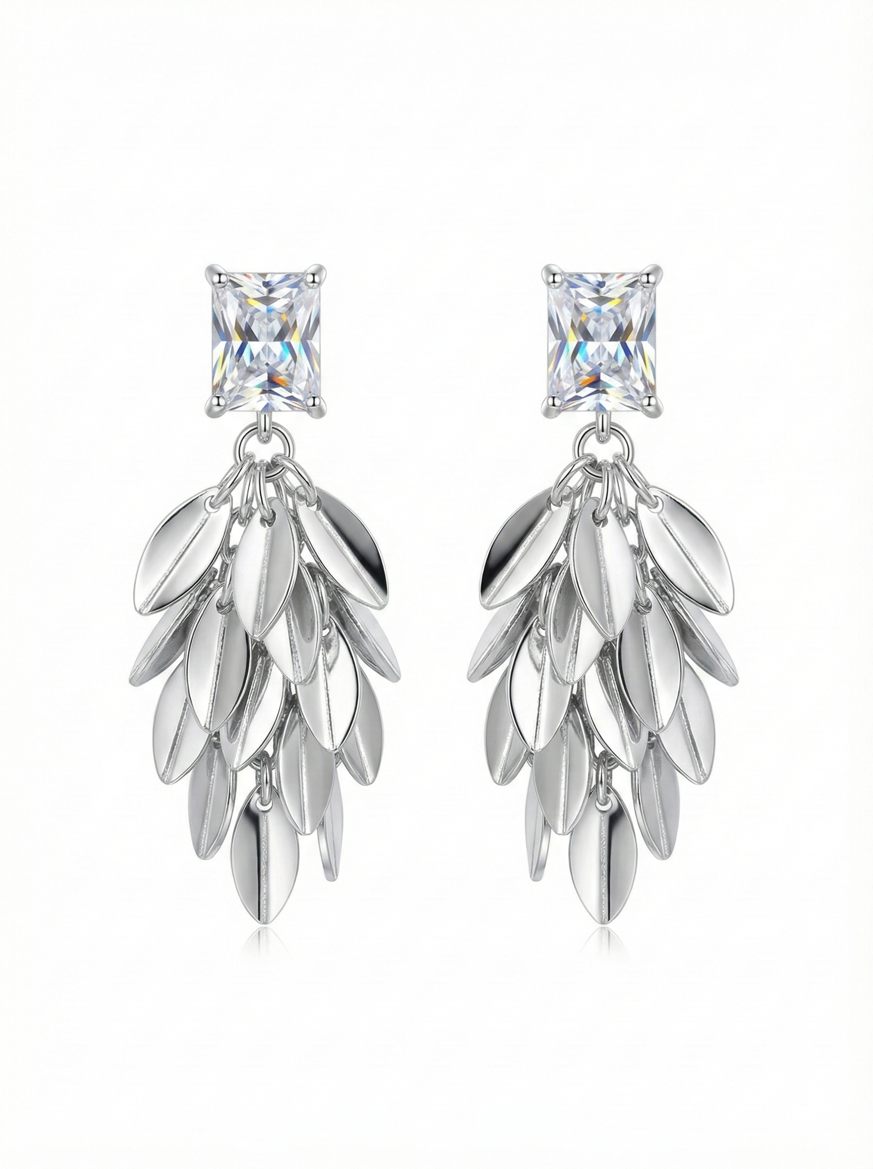 Silver-Tone Art Deco Leaf Drop Earrings Marquise Cluster - YD015