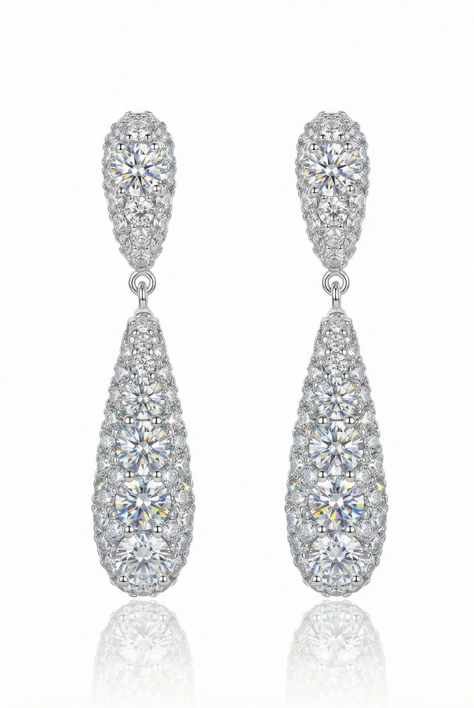 Silver-tone teardrop pave crystal drop earrings, two stacked sparkle sections