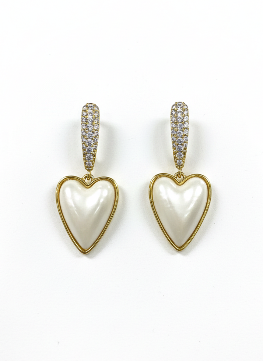 Heart Shaped Pearl Drop Earrings with Gold Huggie Top - RM020