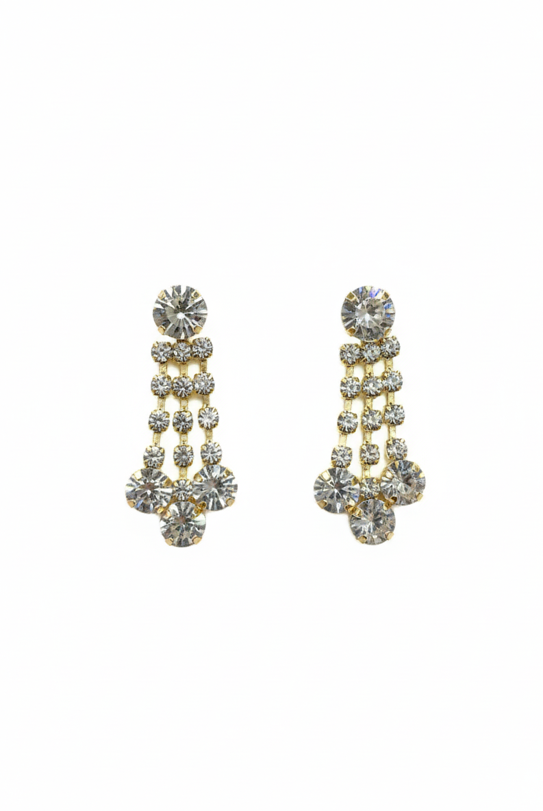Gold-tone chandelier earrings with clear crystal clusters and dangling crystal tassels