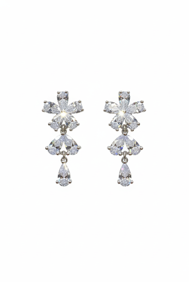 Silver-tone floral cluster drop earrings with marquise and teardrop crystals