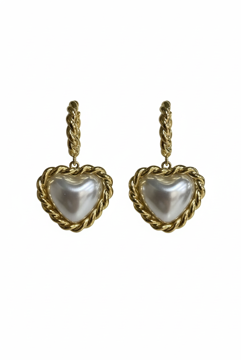 Gold-tone rope heart pearl drop earrings with white heart face